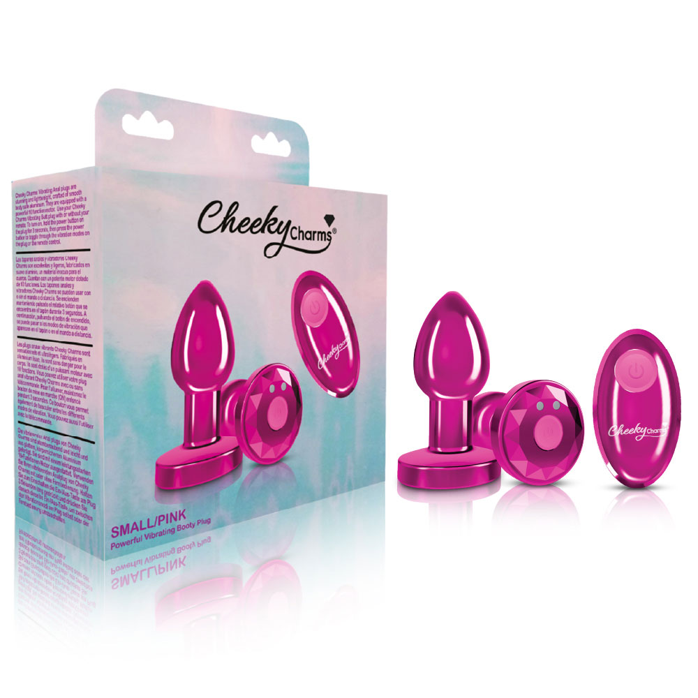 cheeky charms rechargeable vibrating metal butt plug with remote control pink small 