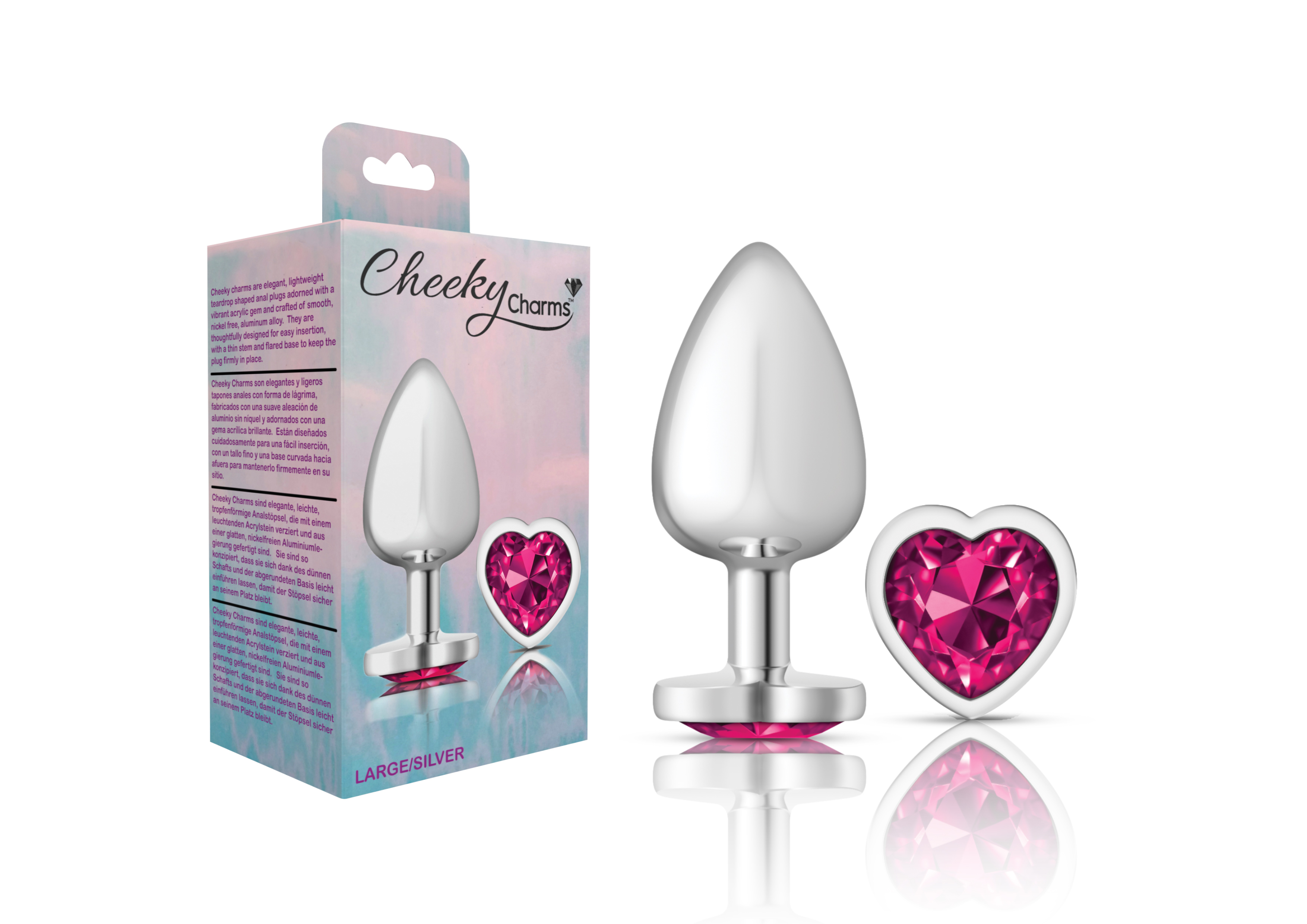 cheeky charms silver metal butt plug  heart bright pink large 