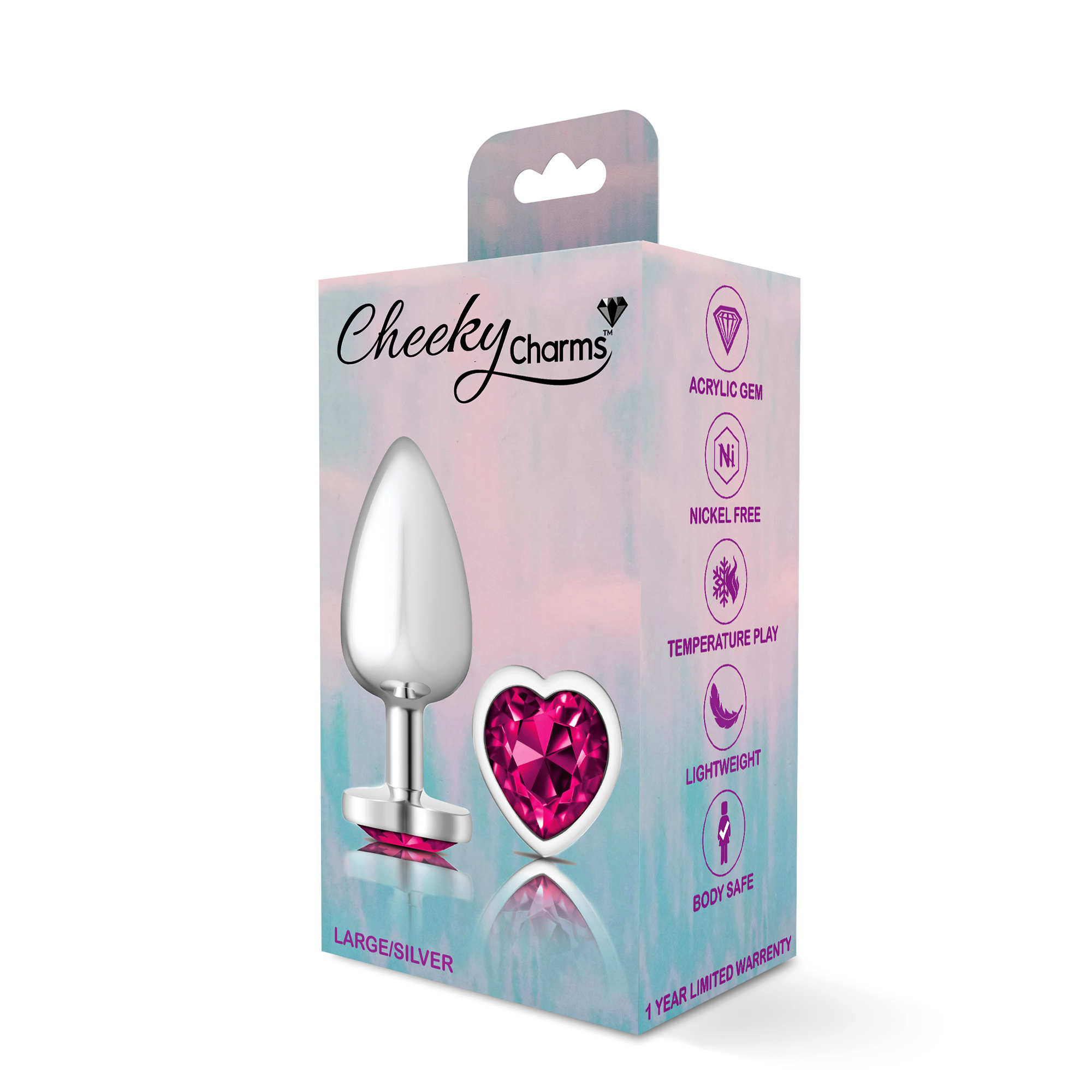 cheeky charms silver metal butt plug  heart bright pink large 