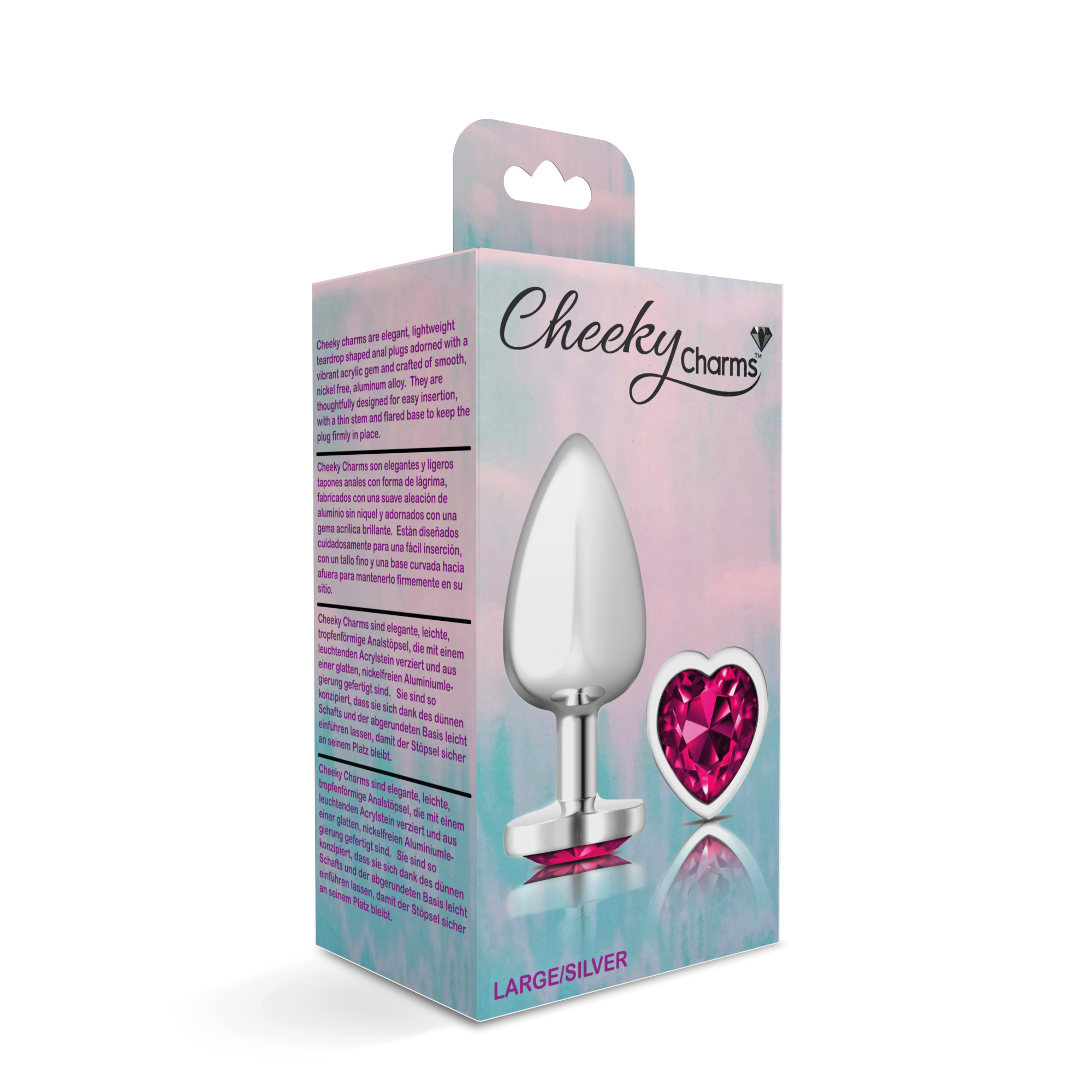 cheeky charms silver metal butt plug  heart bright pink large 