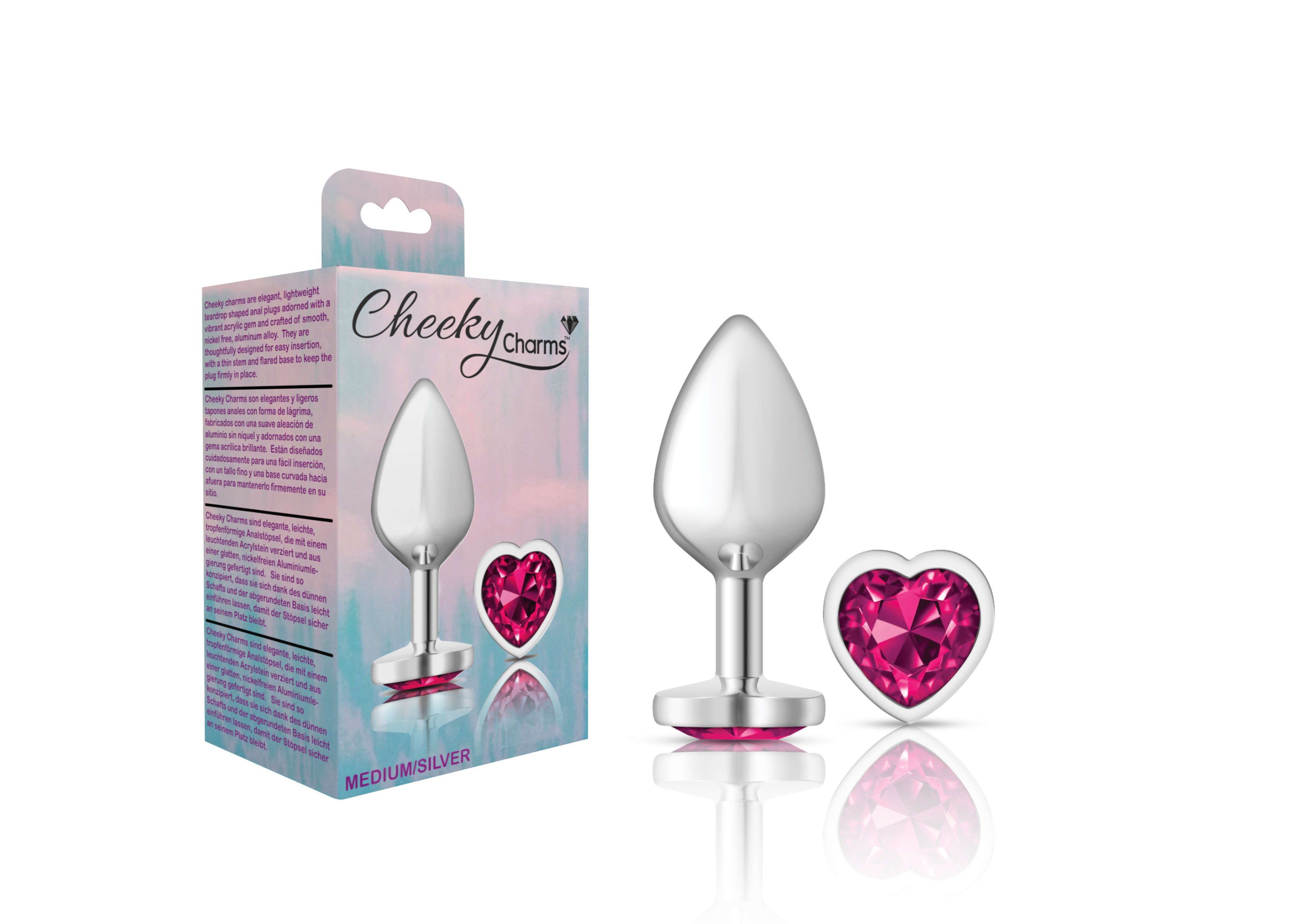 cheeky charms silver metal butt plug  heart bright pink medium 