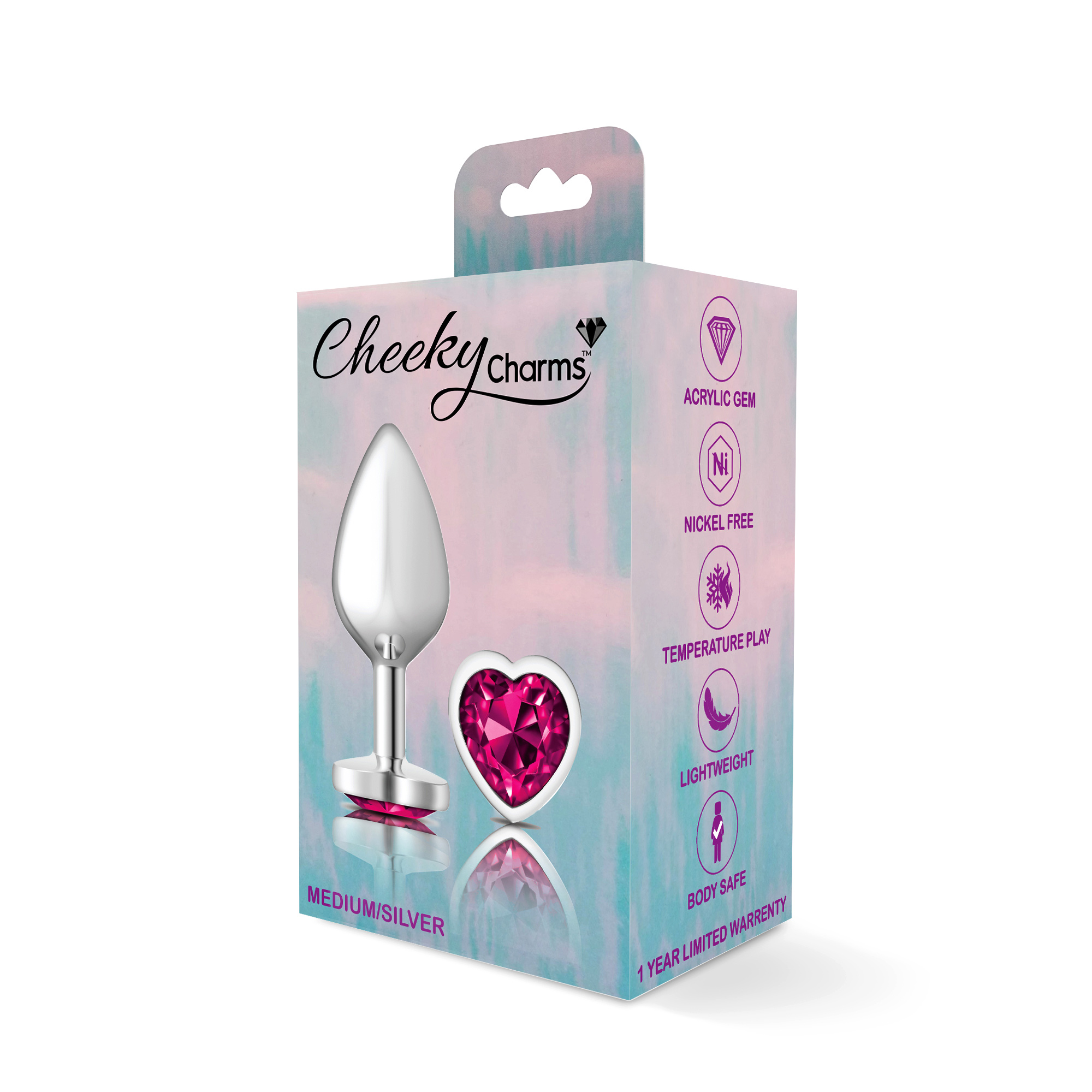 cheeky charms silver metal butt plug  heart bright pink medium 