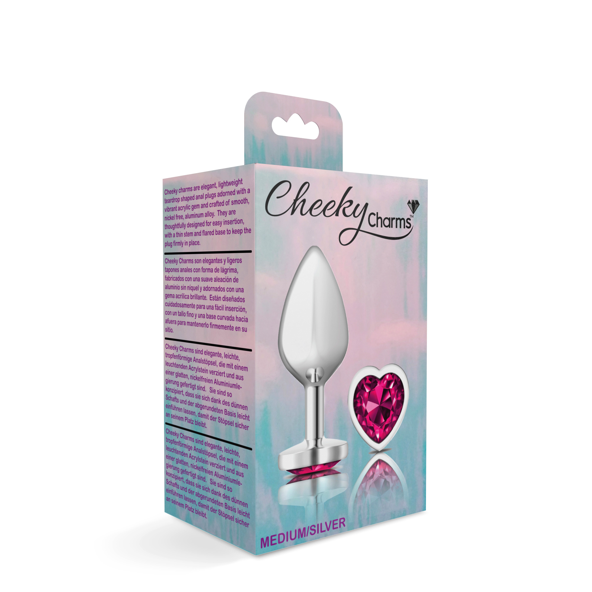 cheeky charms silver metal butt plug  heart bright pink medium 