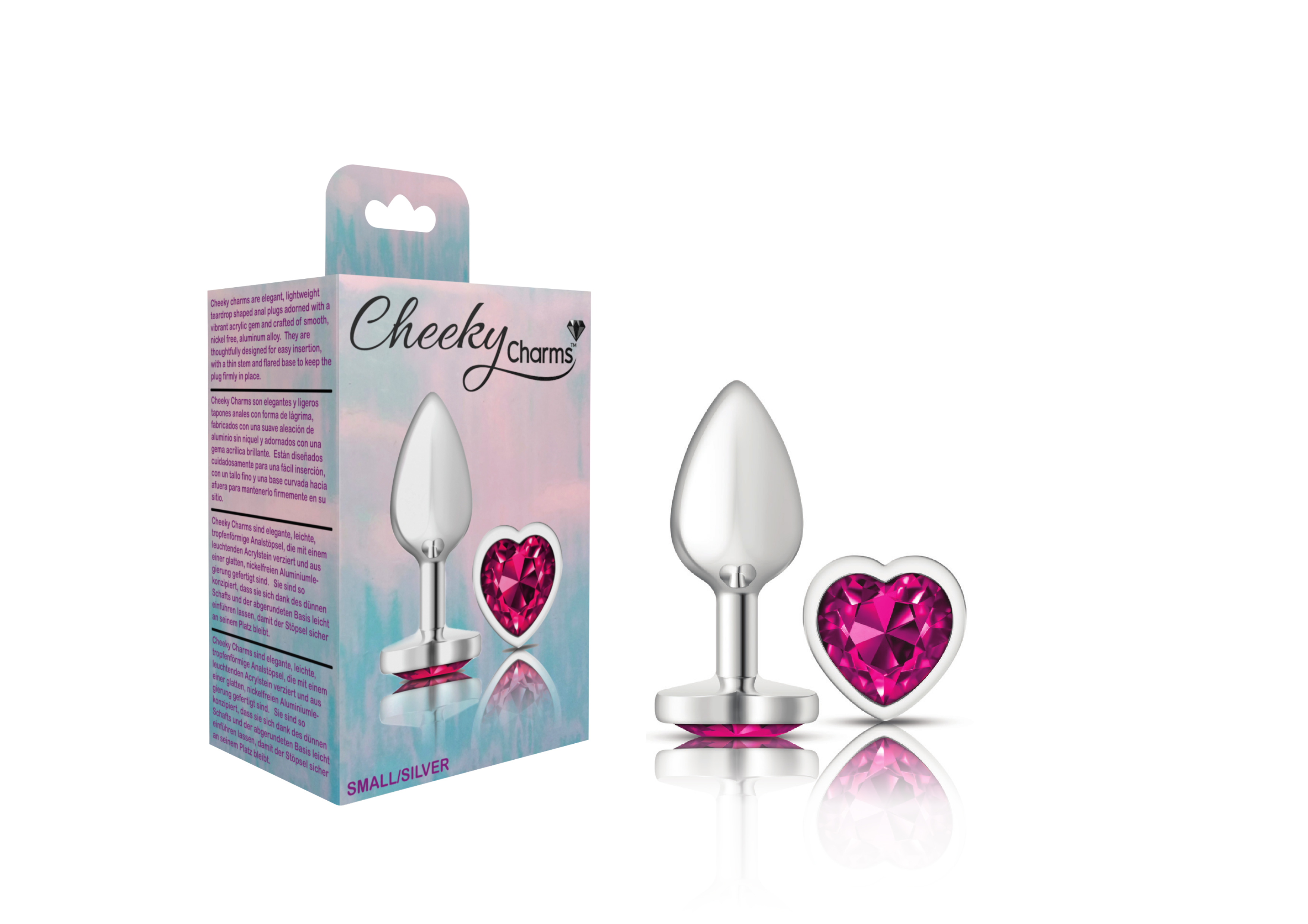 cheeky charms silver metal butt plug  heart bright pink small 