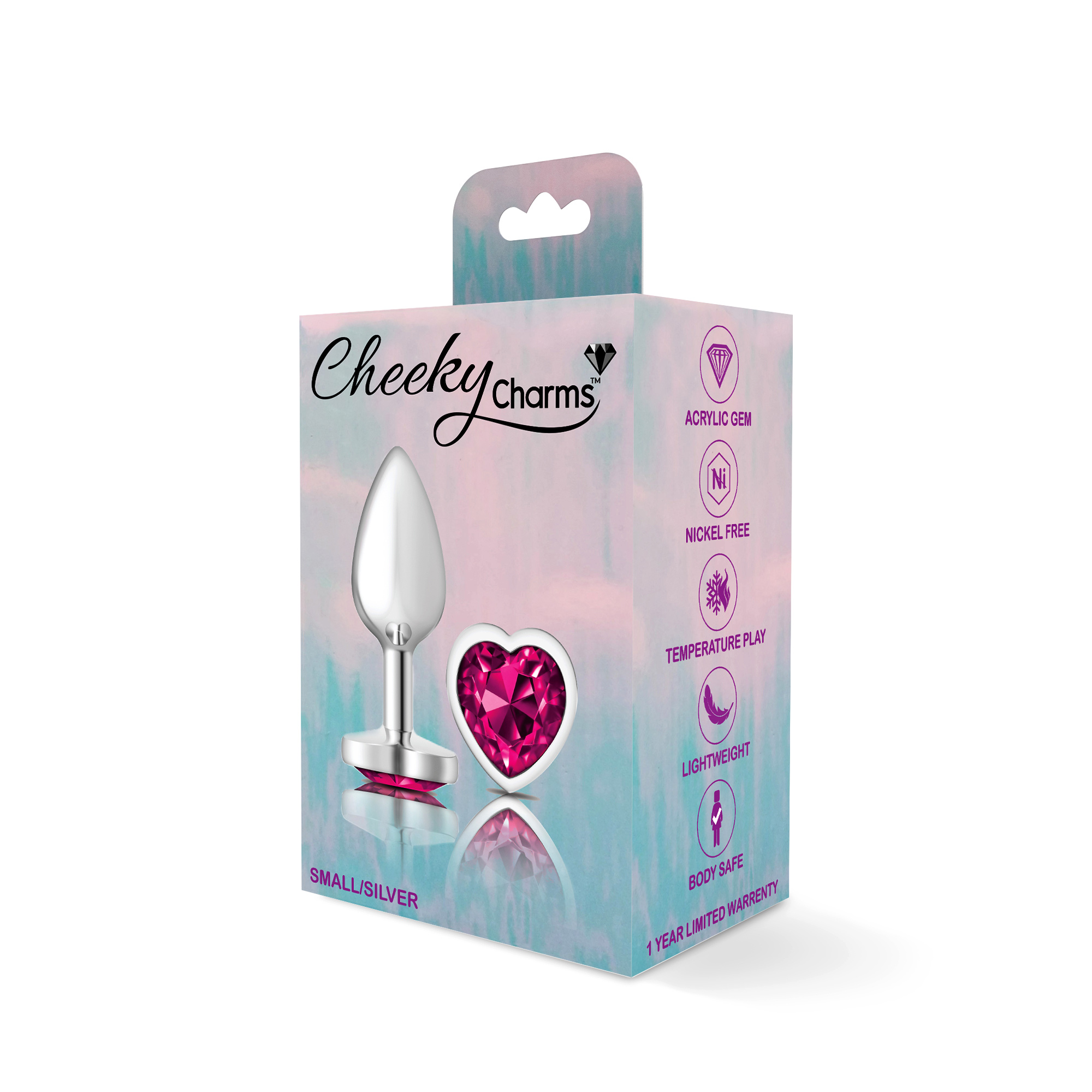 cheeky charms silver metal butt plug  heart bright pink small 