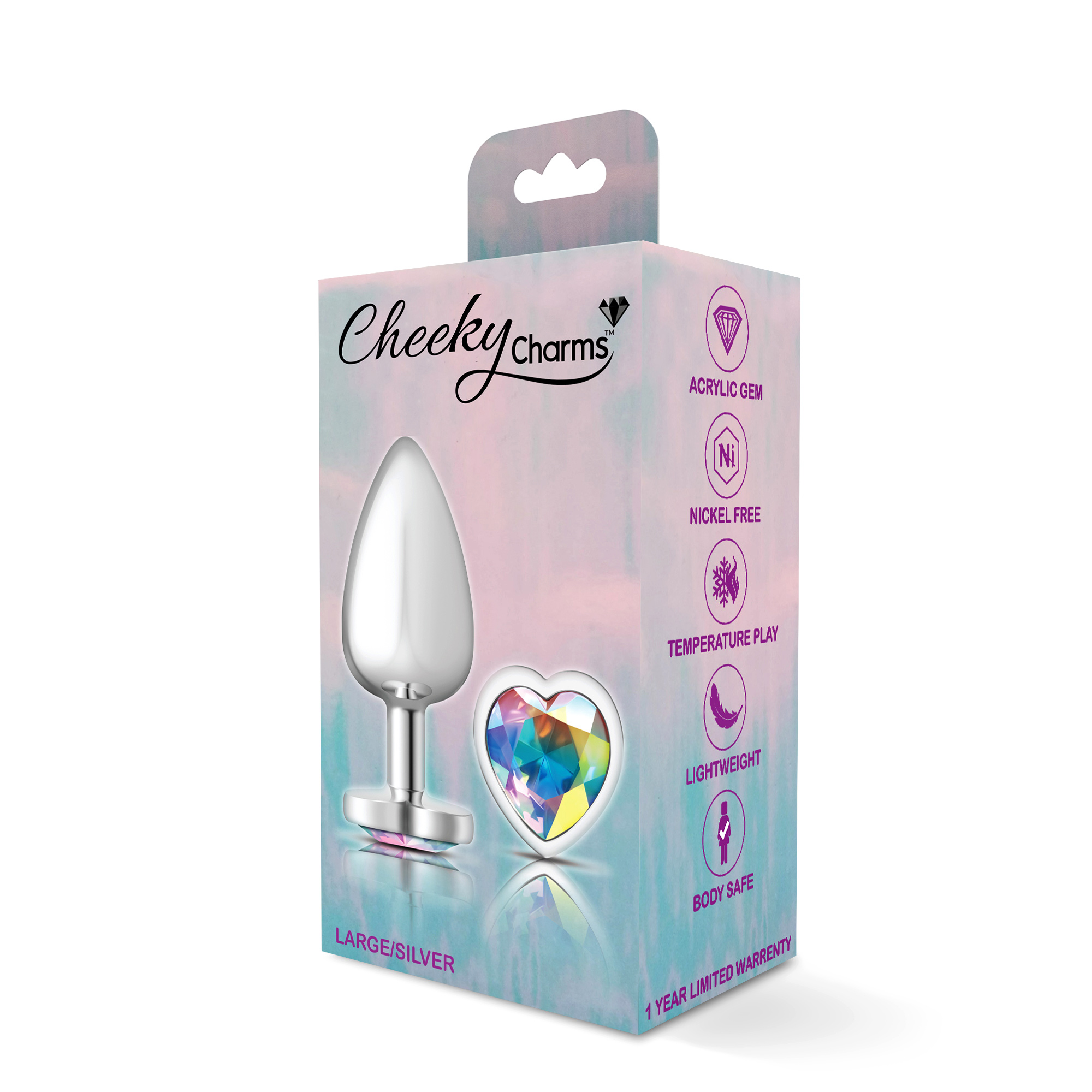 cheeky charms silver metal butt plug  heart clear large 