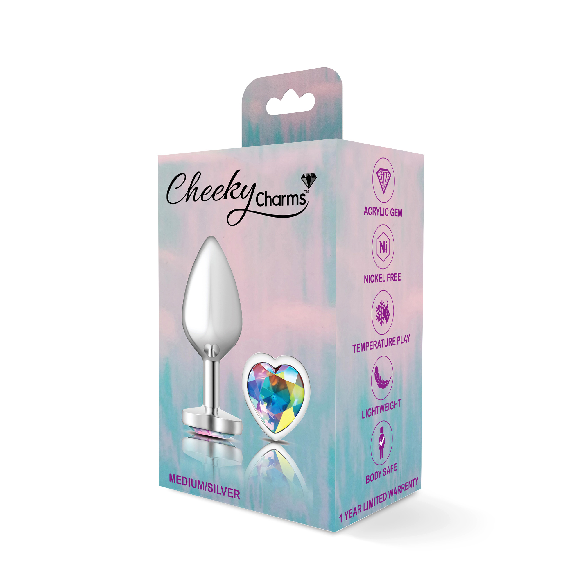 cheeky charms silver metal butt plug  heart clear medium 