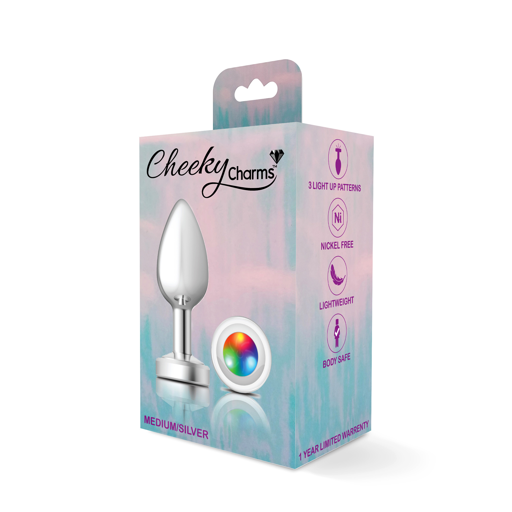 cheeky charms silver metal butt plug  light up medium 