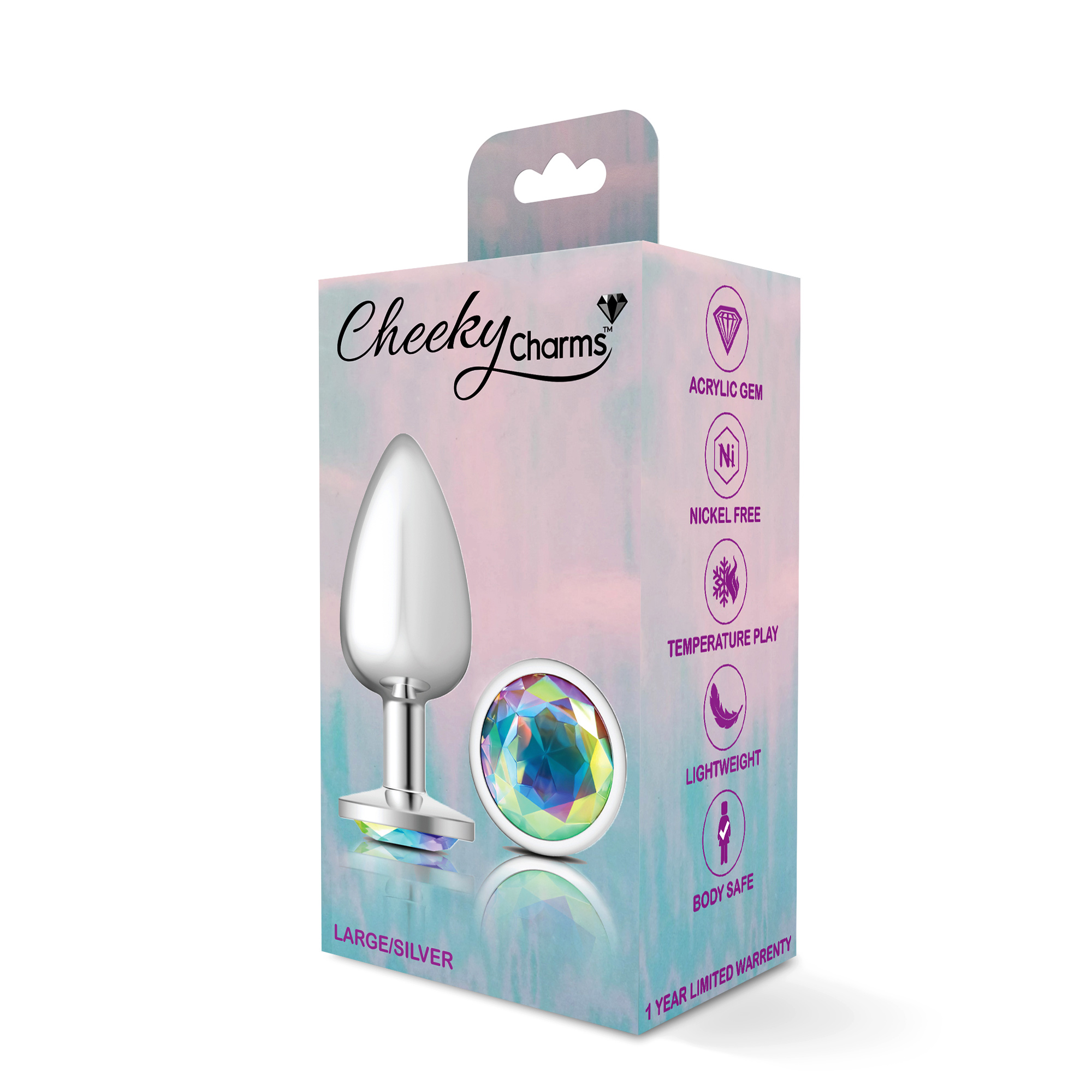 cheeky charms silver metal butt plug  round clear large 