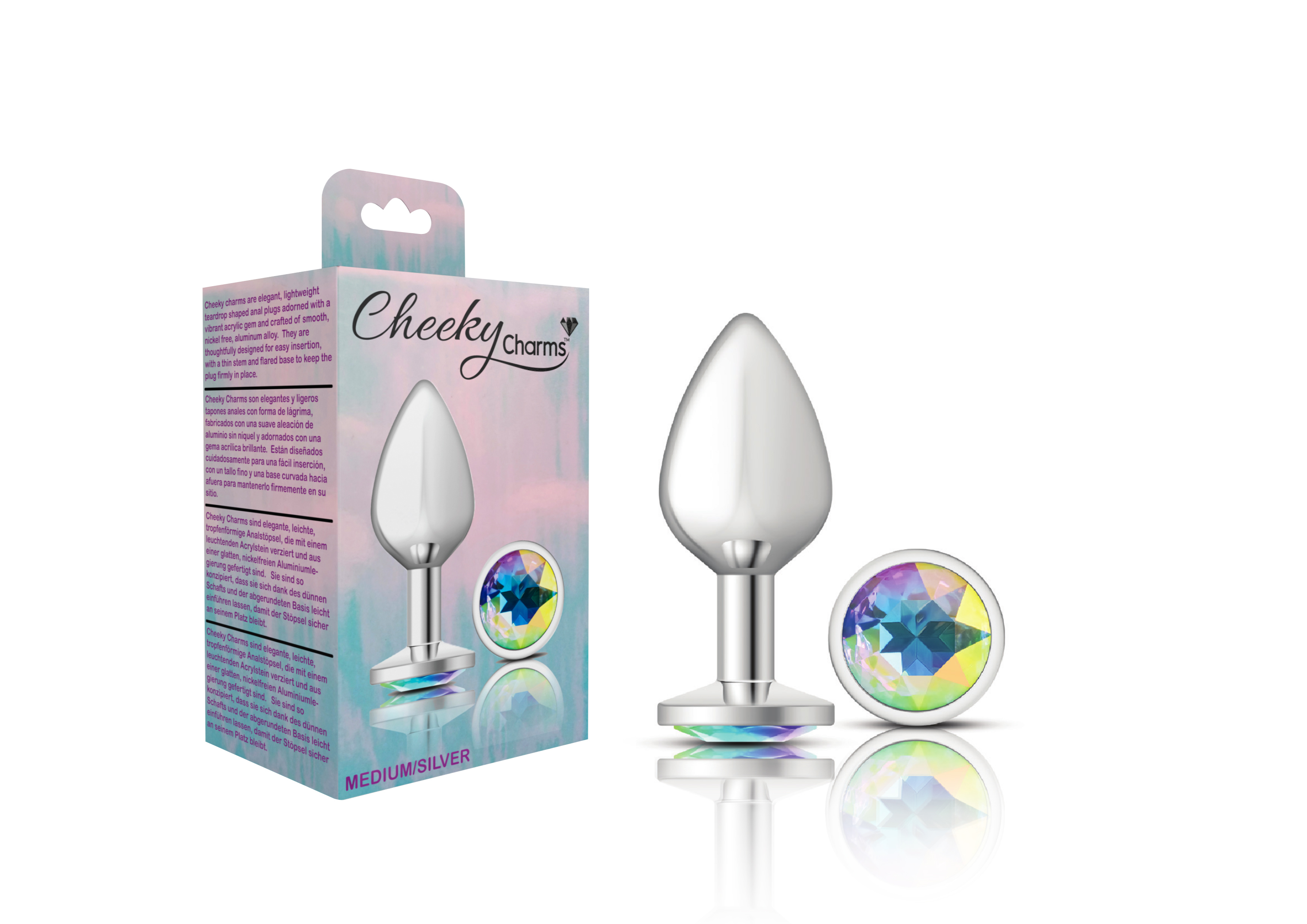 cheeky charms silver metal butt plug  round clear medium 