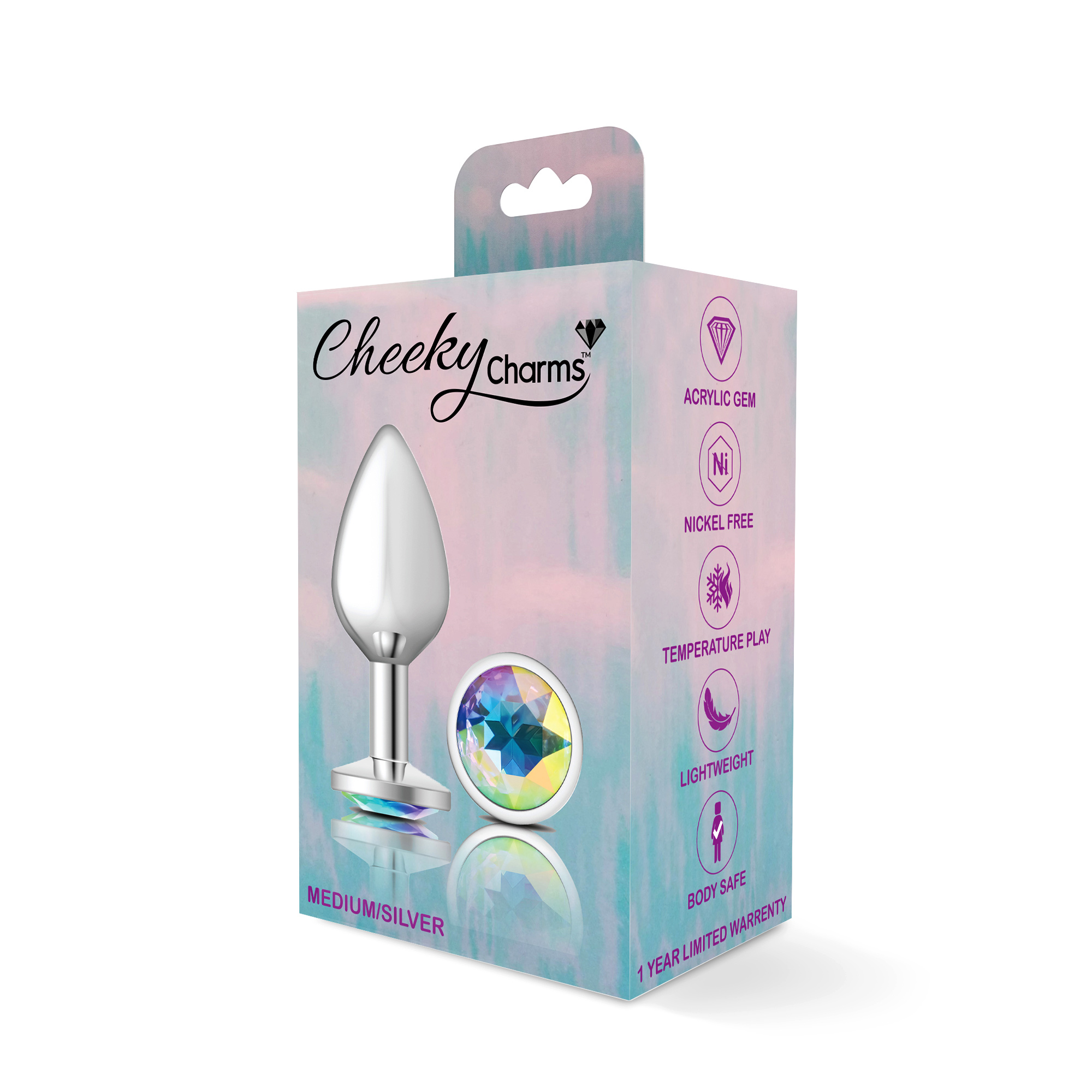 cheeky charms silver metal butt plug  round clear medium 