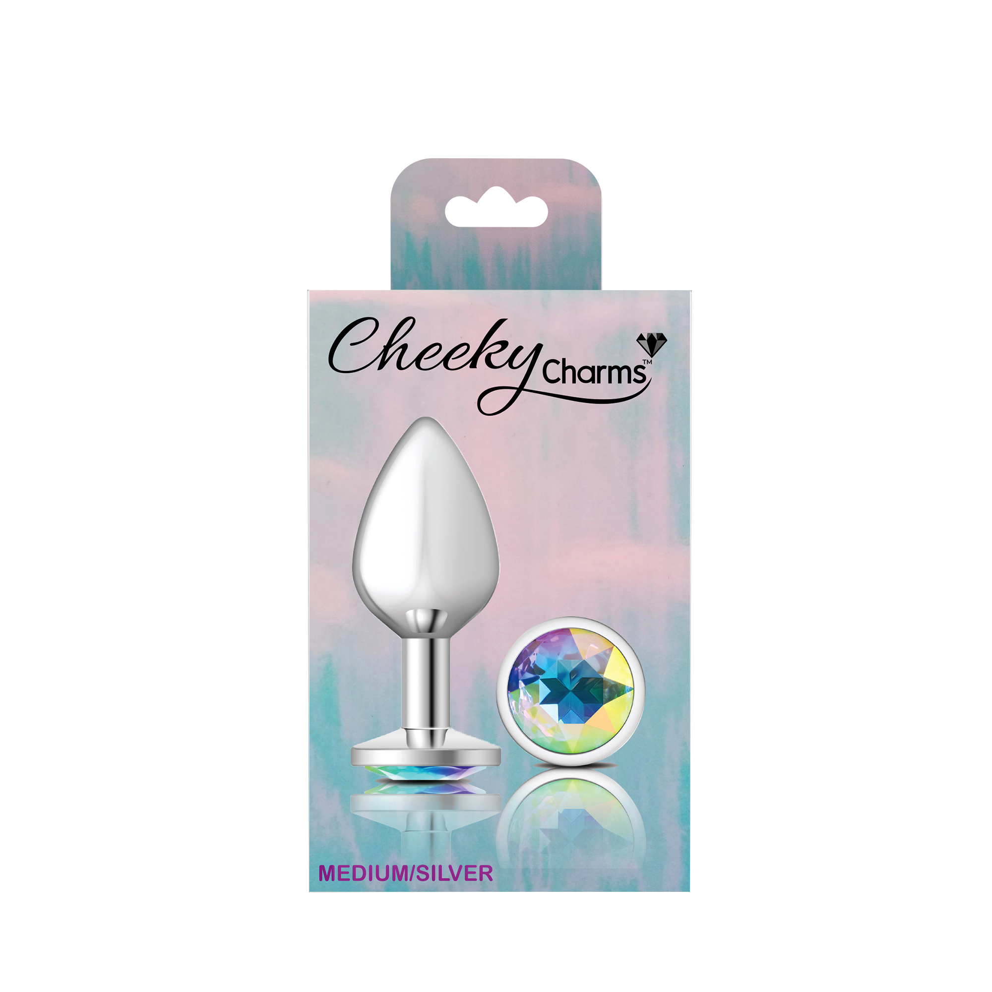 cheeky charms silver metal butt plug  round clear medium 