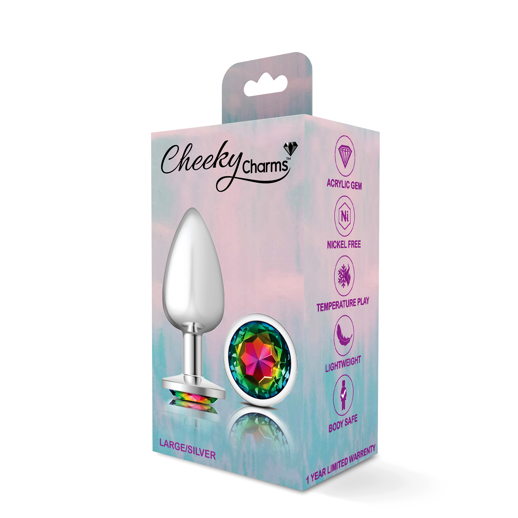 cheeky charms silver metal butt plug  round rainbow large 