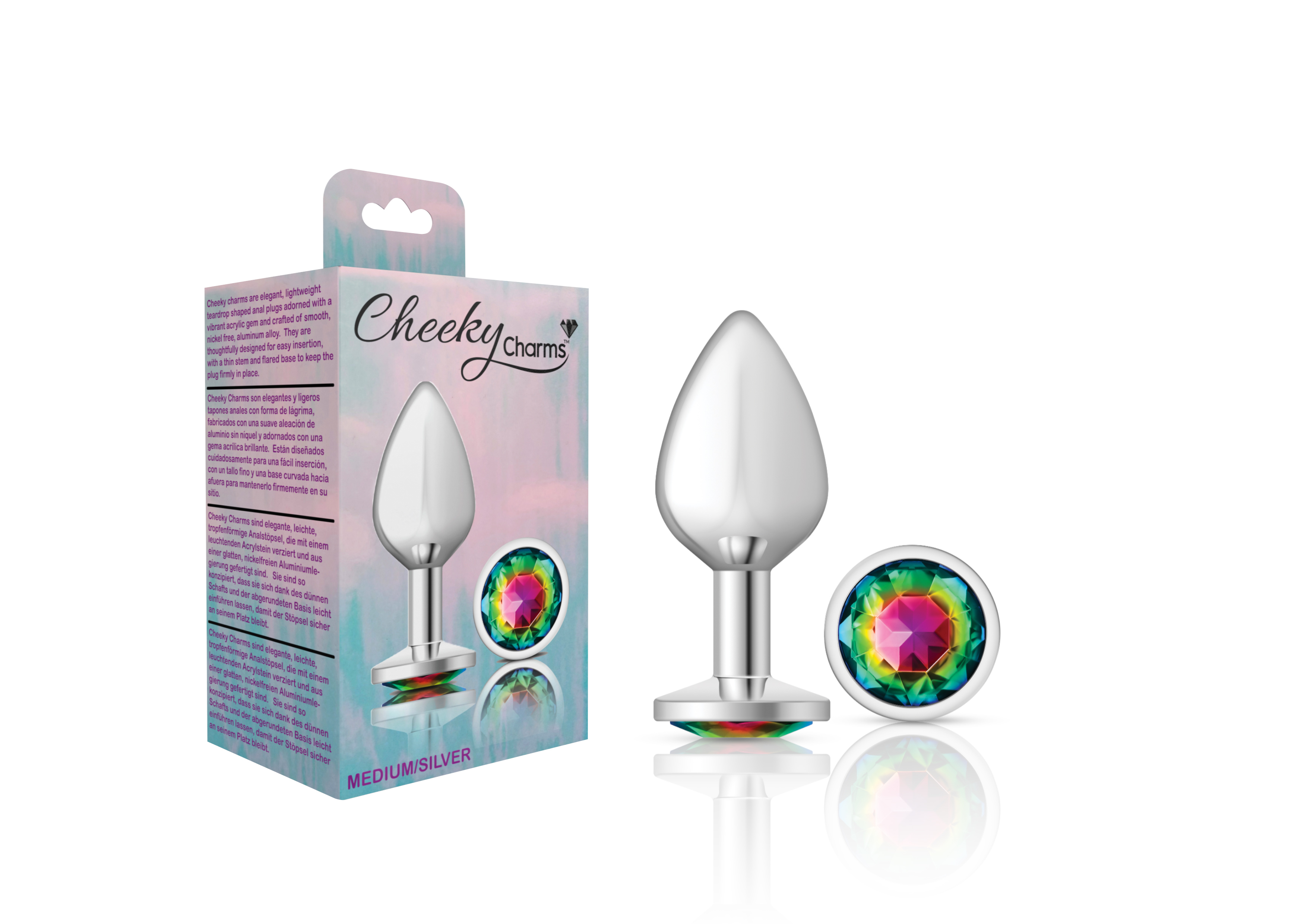 cheeky charms silver metal butt plug  round rainbow medium 