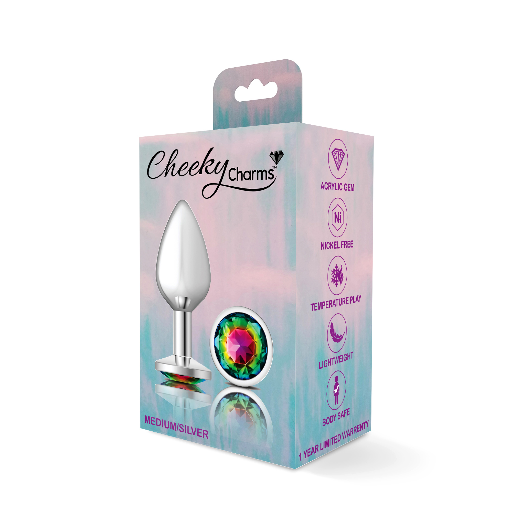 cheeky charms silver metal butt plug  round rainbow medium 