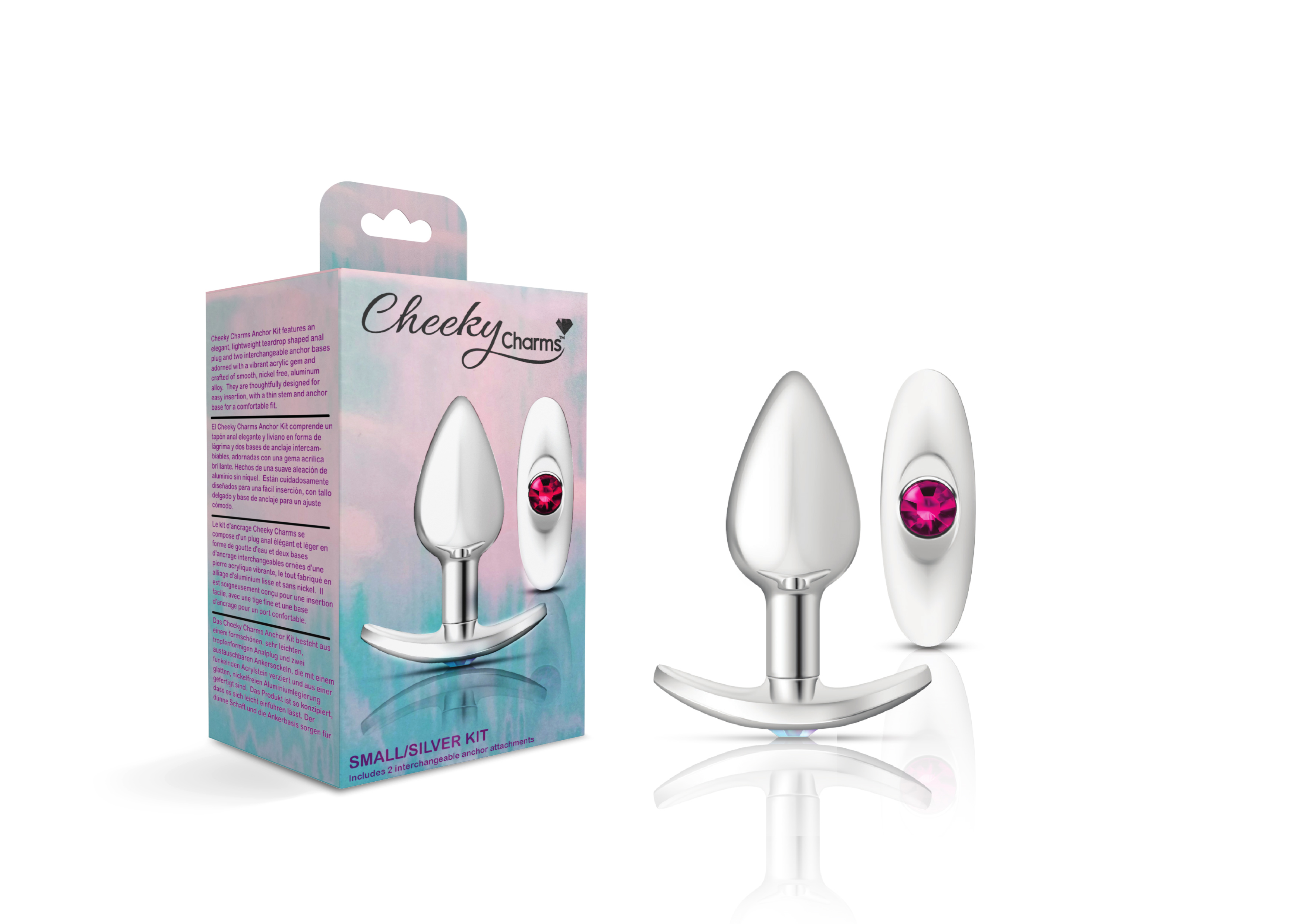 cheeky charms silver metal butt plug kit clearbright pink 