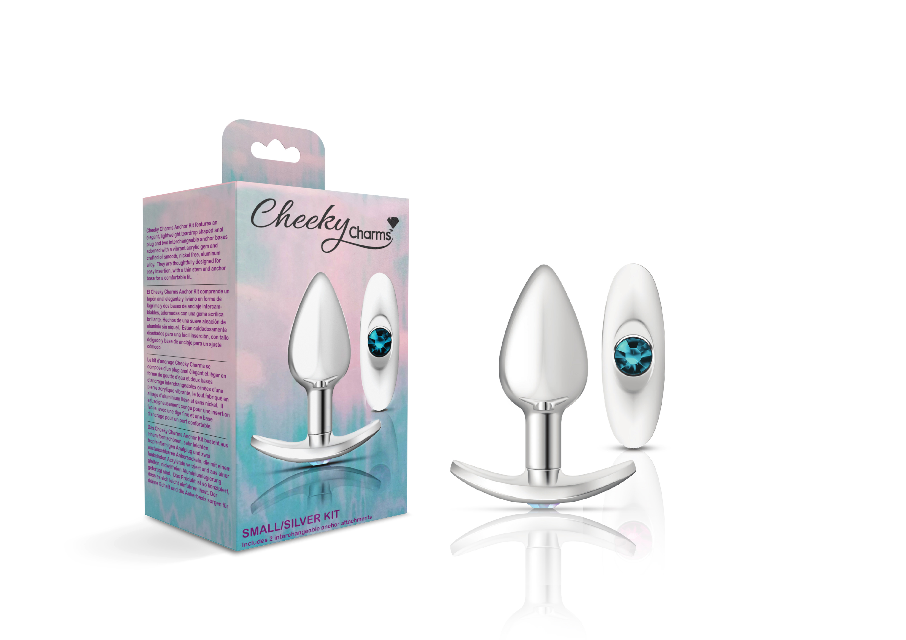 cheeky charms silver metal butt plug kit clearteal 