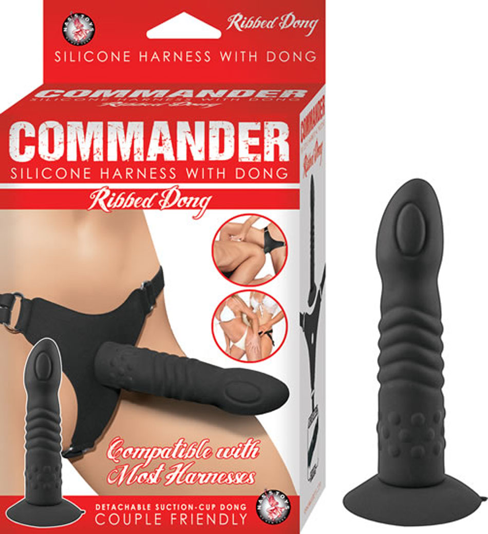 commander ribbed dong with harness black 