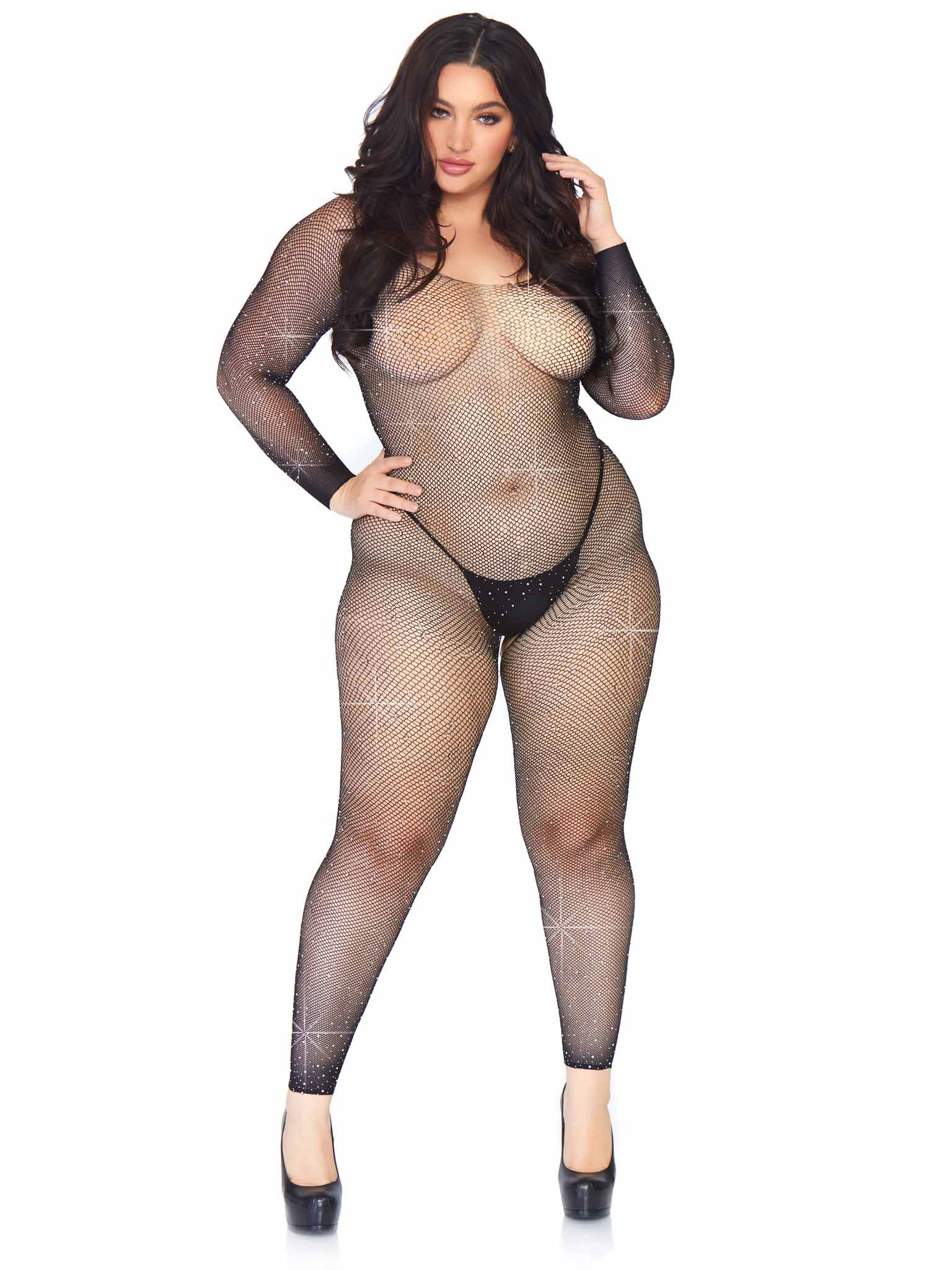 crystalized seamless fishnet long sleeved bodystocking xx black 