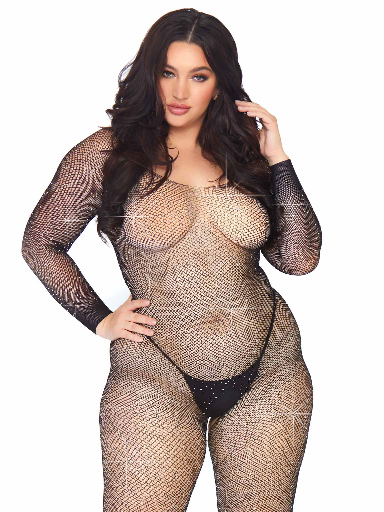 crystalized seamless fishnet long sleeved bodystocking xx black 