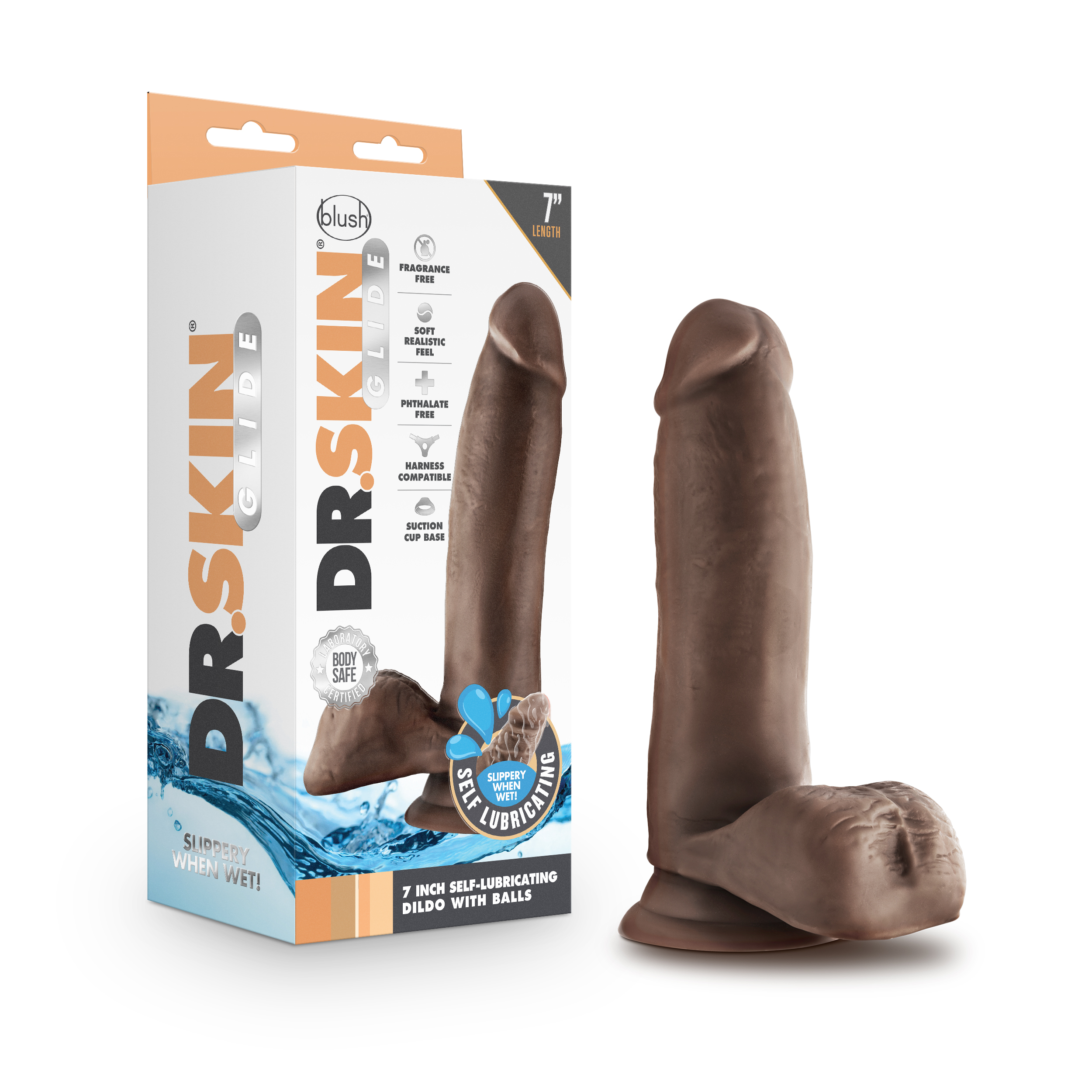 dr. skin glide  inch self lubricating dildo  with balls chocolate .png