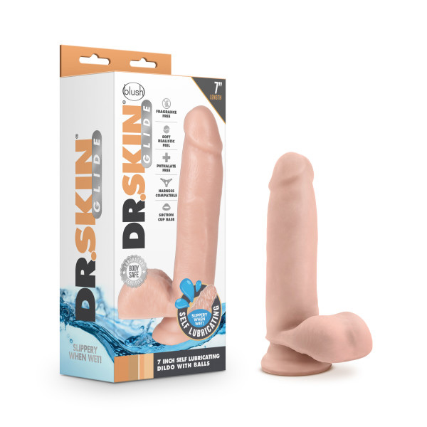 dr. skin glide  inch self lubricating dildo  with balls vanilla 