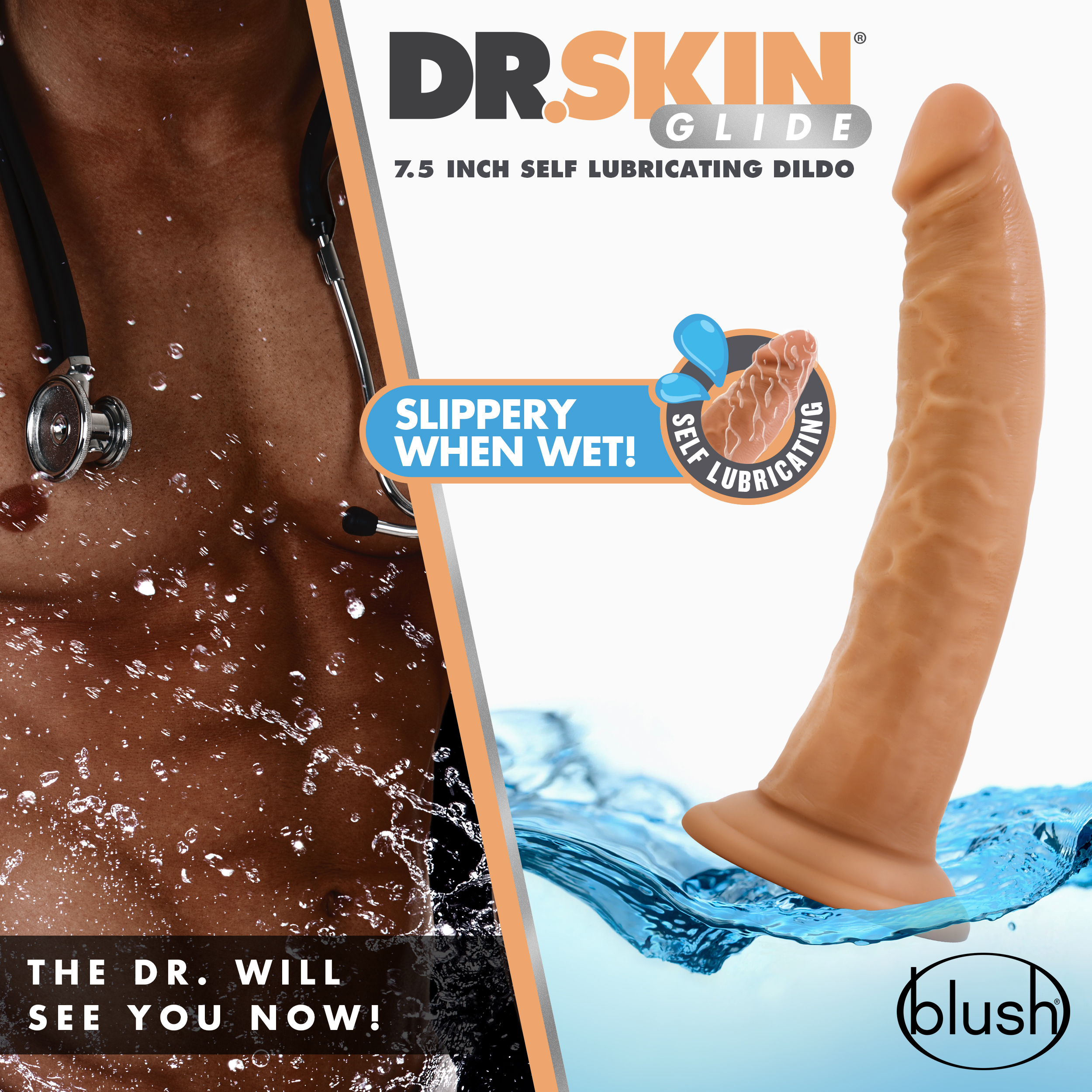 dr. skin glide . inch self lubricating dildo  mocha   