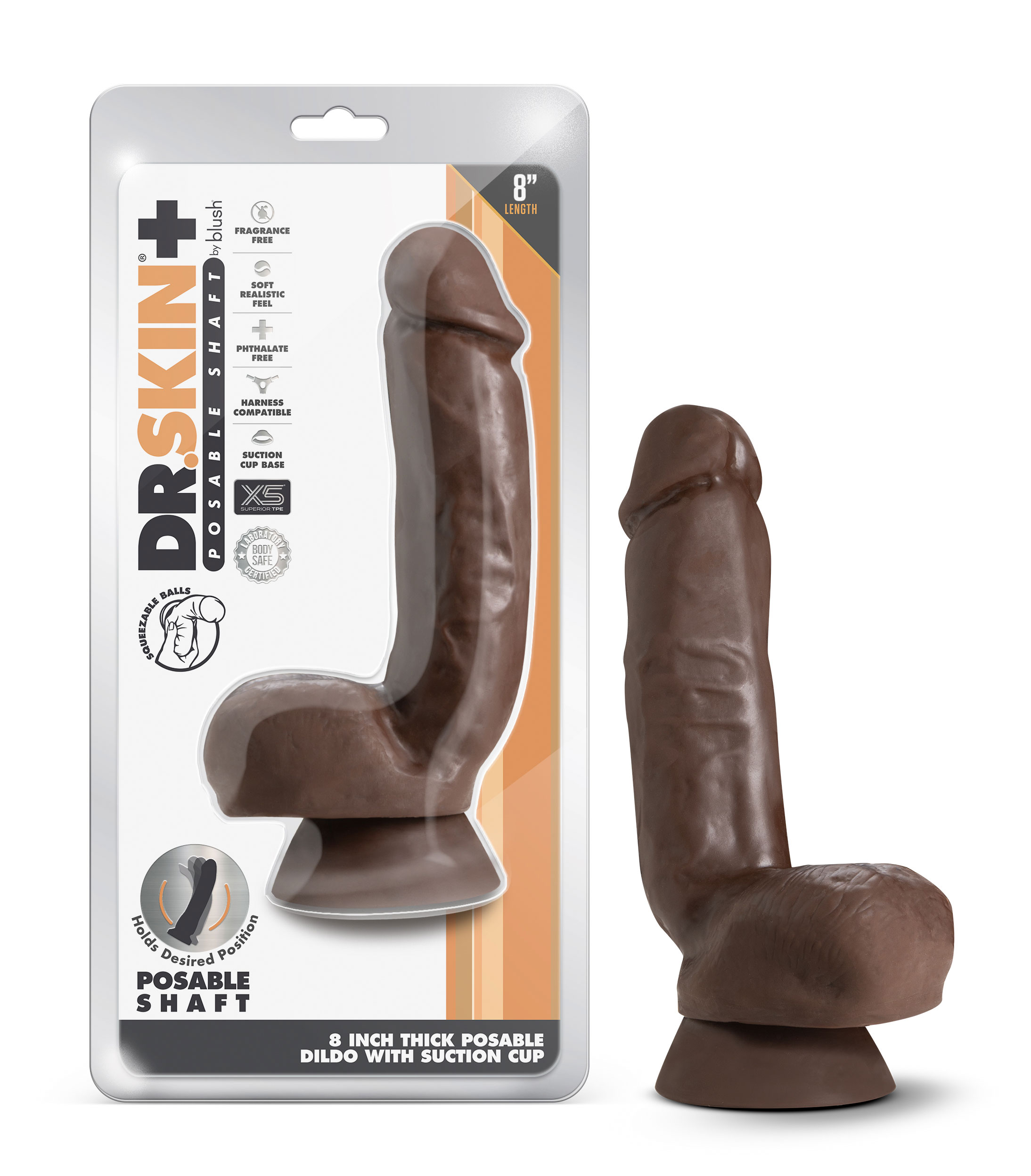 dr. skin plus  inch thick poseable dildo with  squeezable balls chocolate 