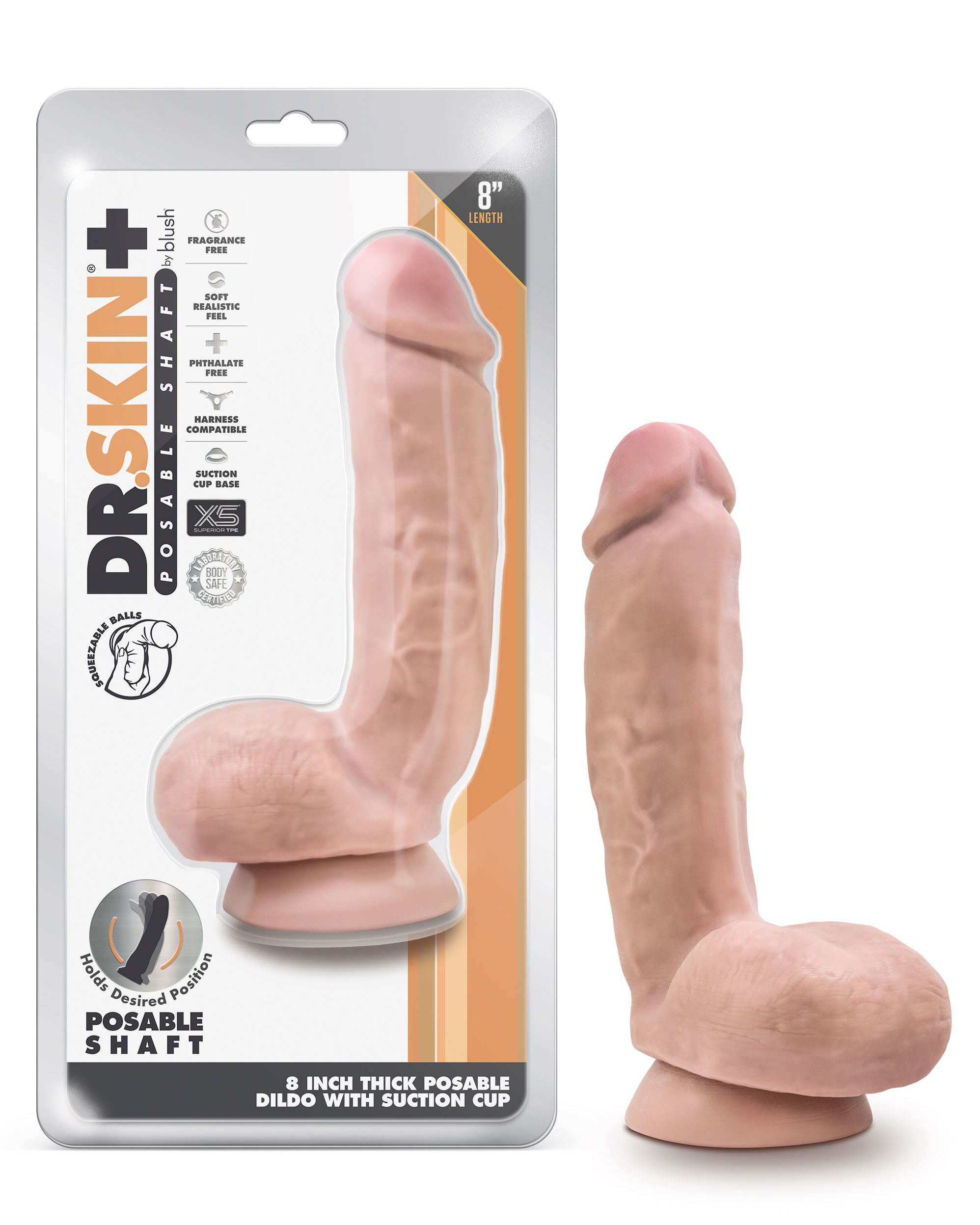 dr. skin plus  inch thick poseable dildo with  squeezable balls vanilla 