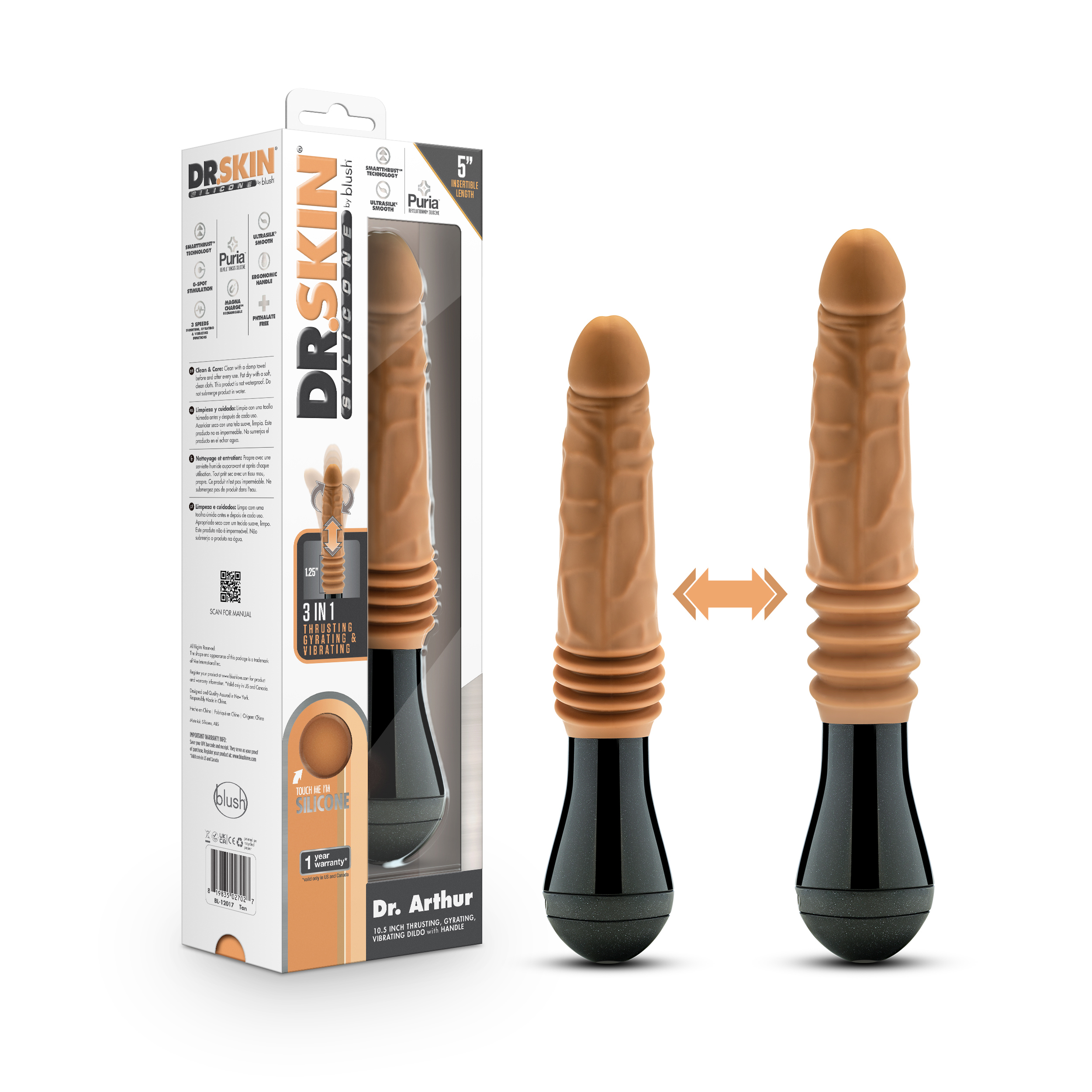 dr. skin silicone dr. arthur thrusting  gyrating vibrating dildo tan 