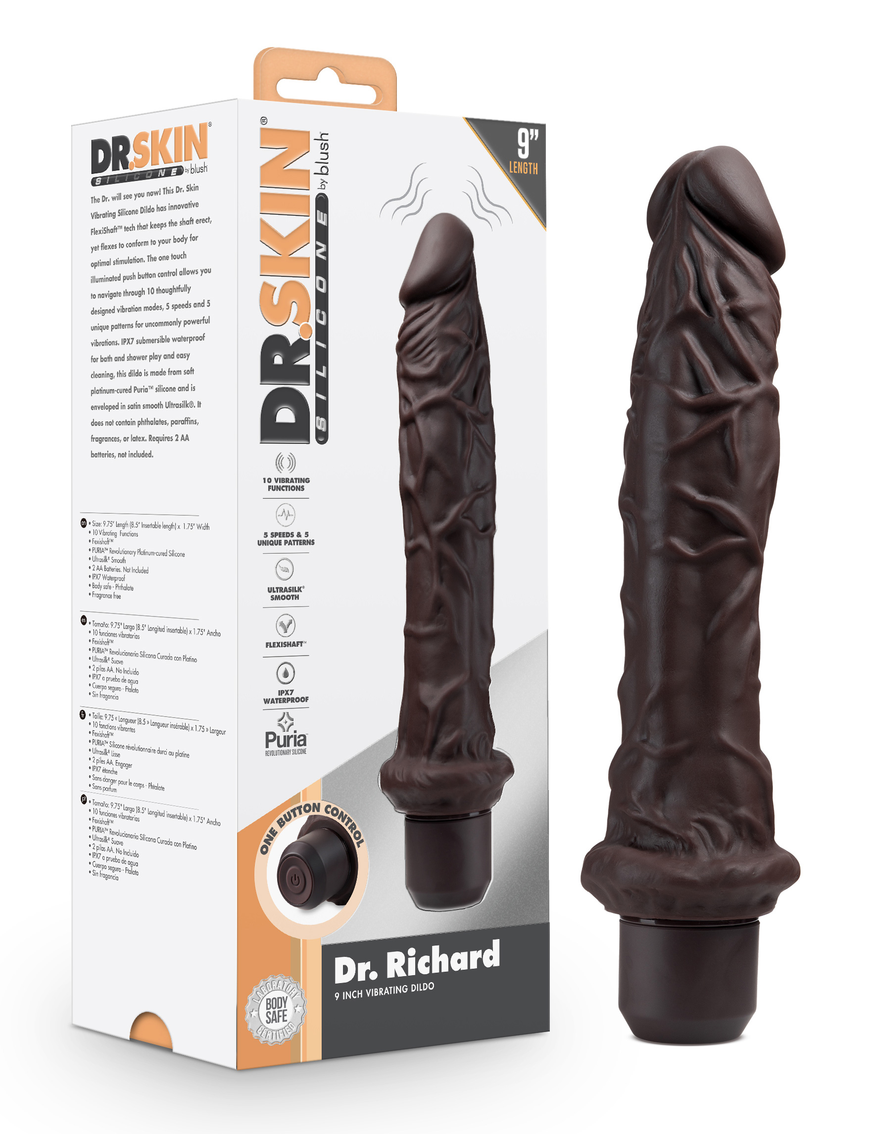 dr. skin silicone dr. richard  inch vibrating dildo brown 