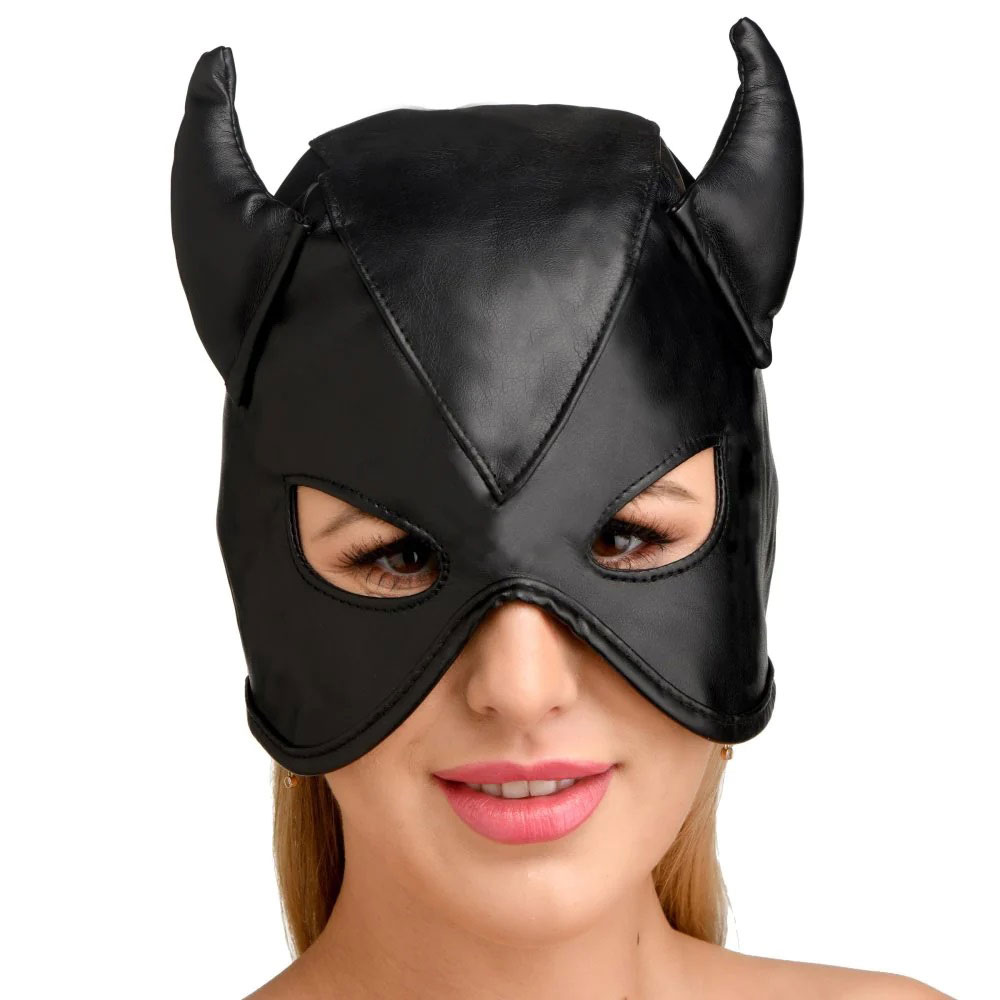 dungeon demon bondage hood with horns black 