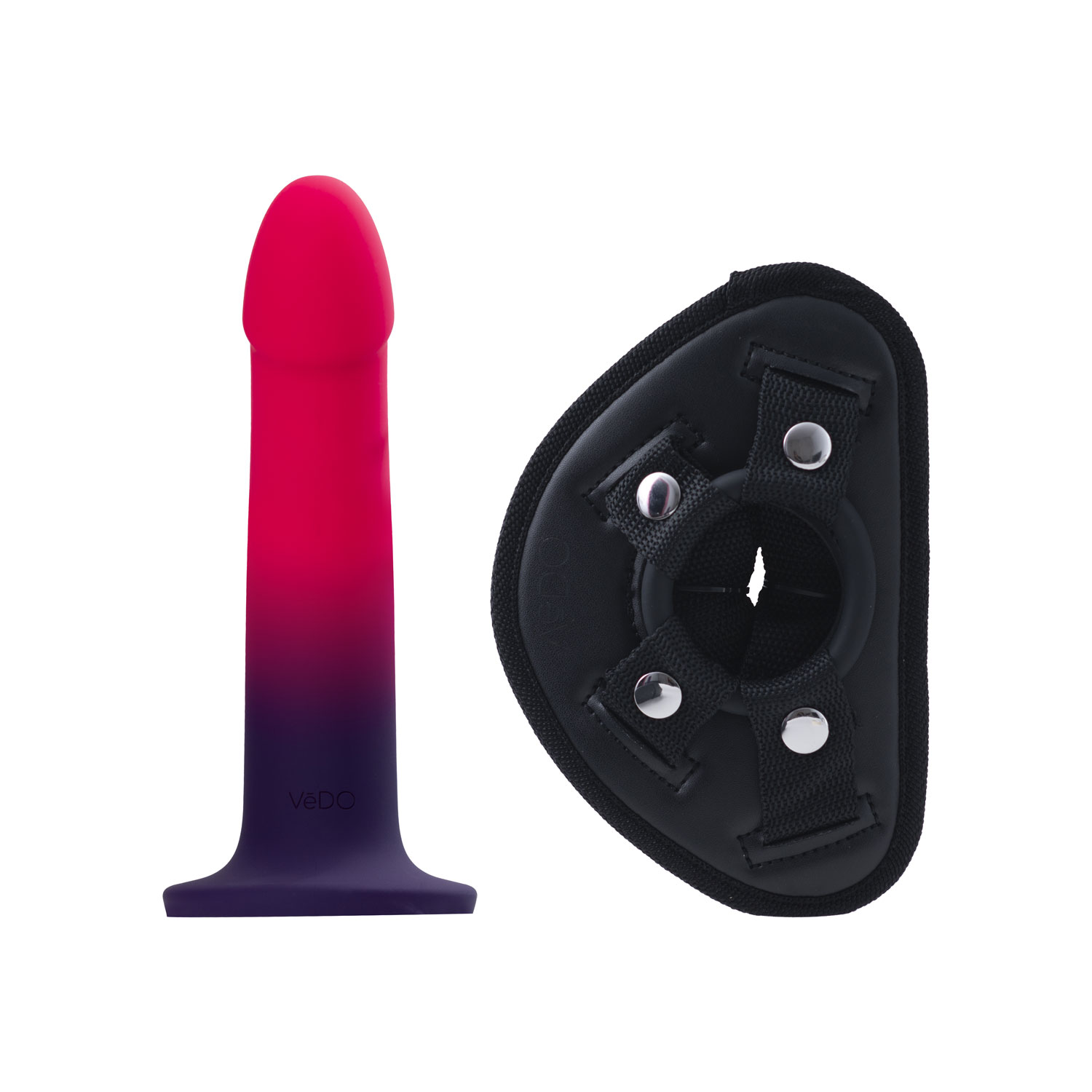 duo semi realistic dildo with harness pink purple 