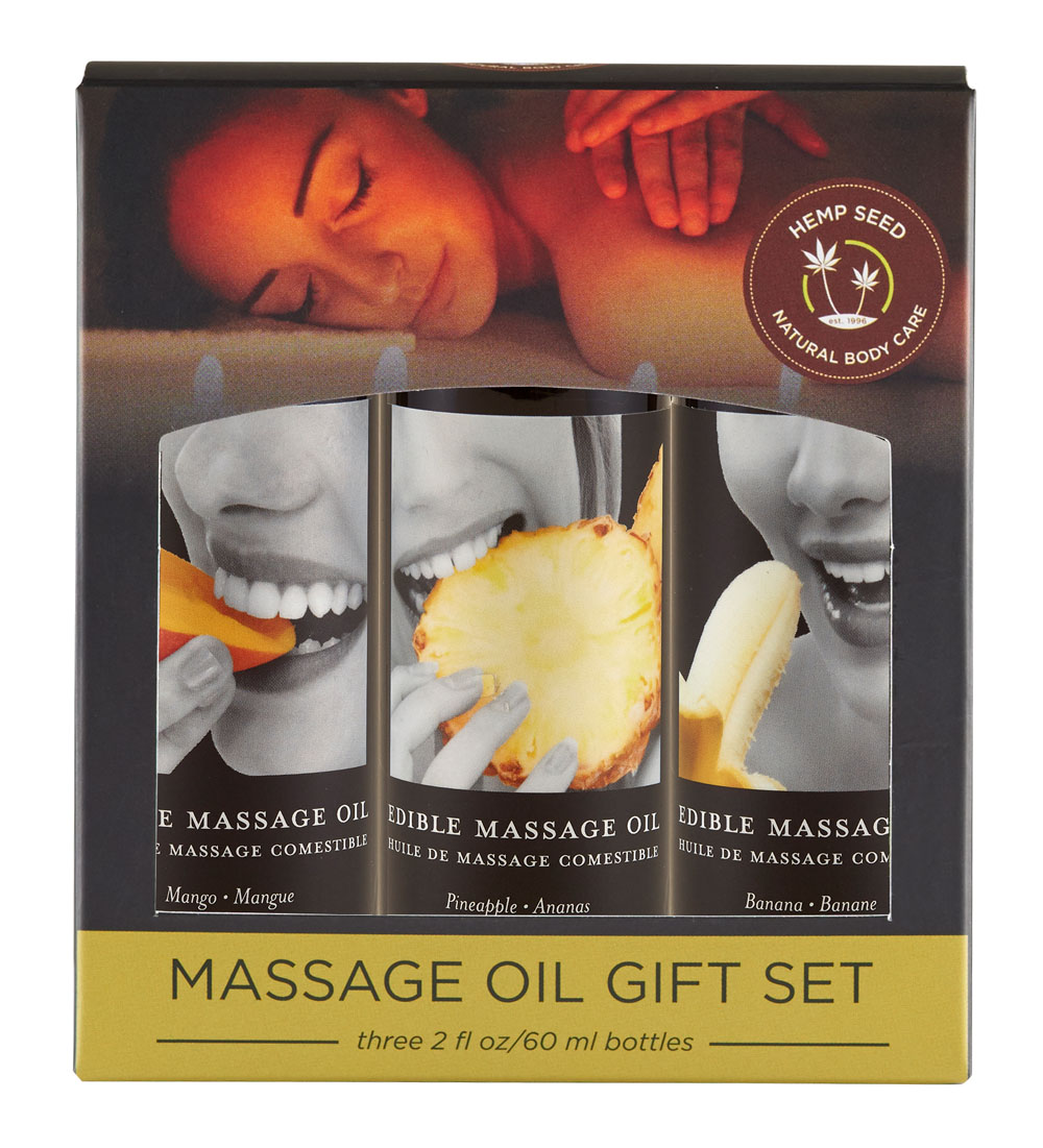 edible massage oil gift set box  fl. oz. bottles banana, mango, pineapple 