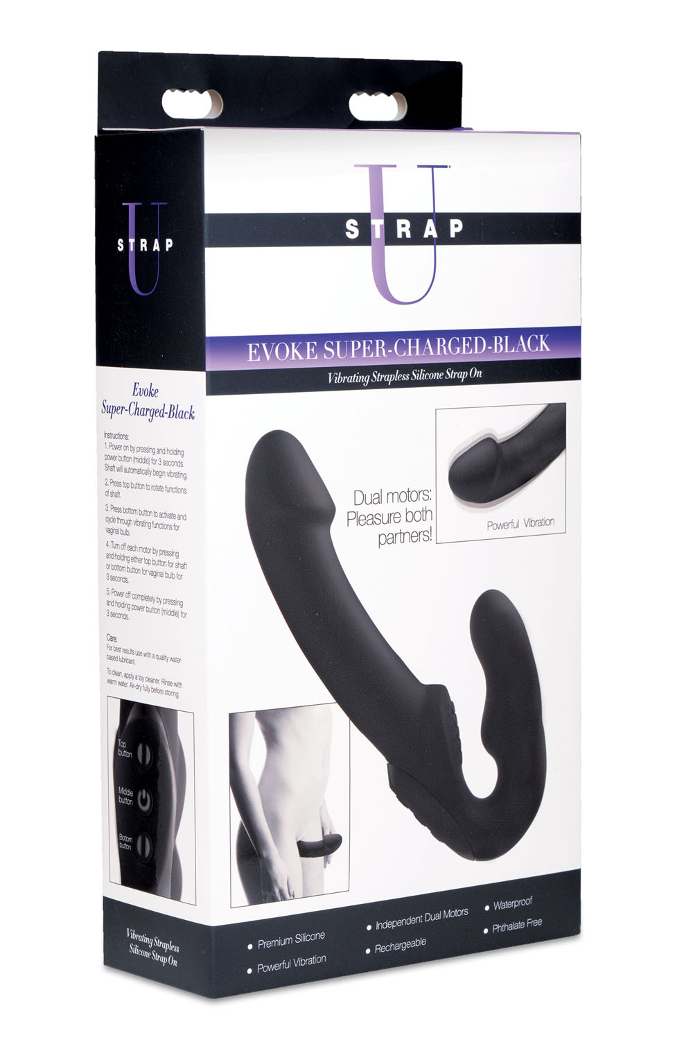 evoke rechargeable vibrating silicone strapless strap on black 