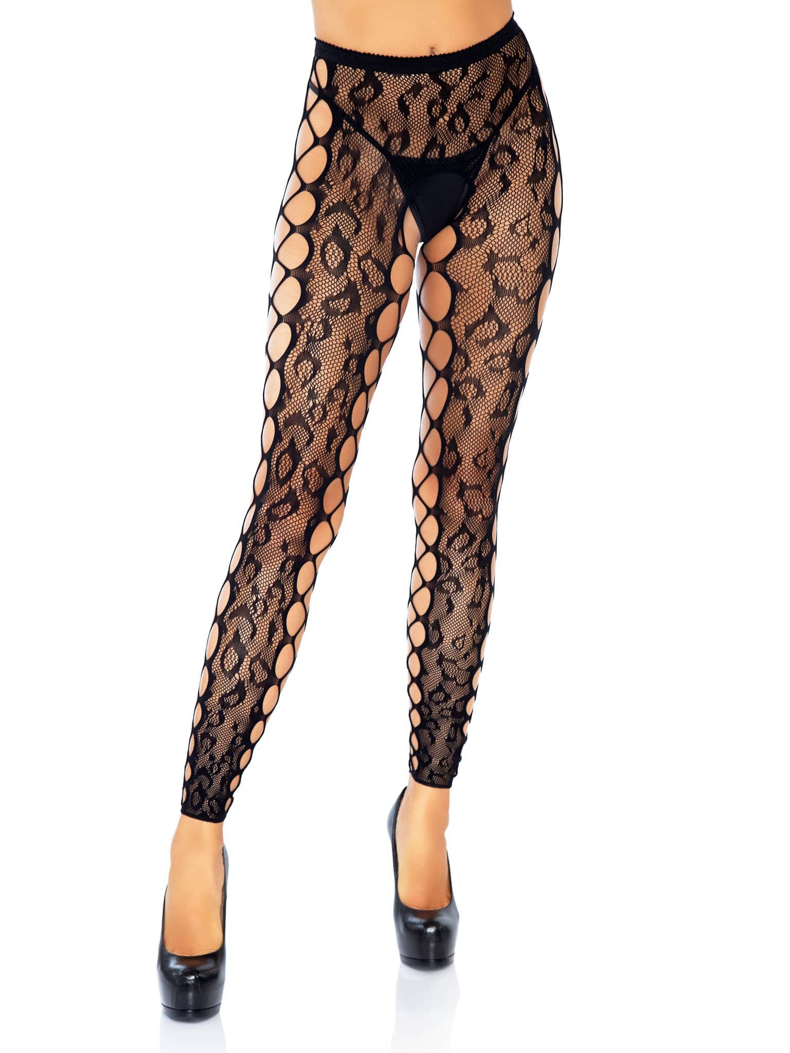 footless leopard lace crotchless tights black 