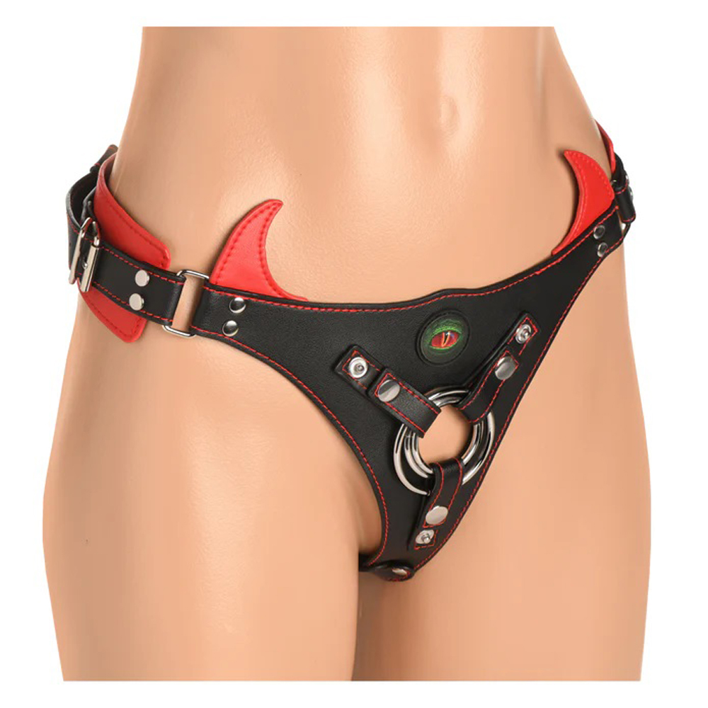 horny devil strap on harness red 