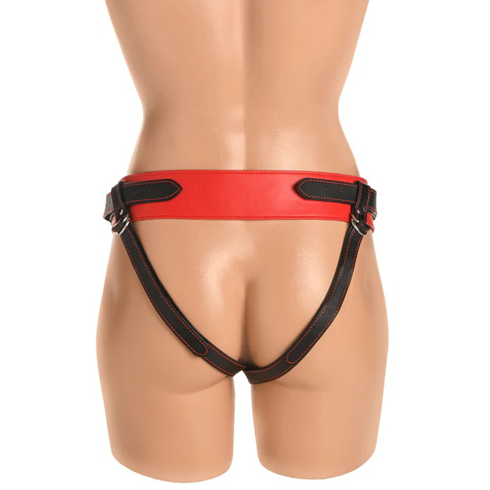 horny devil strap on harness red 
