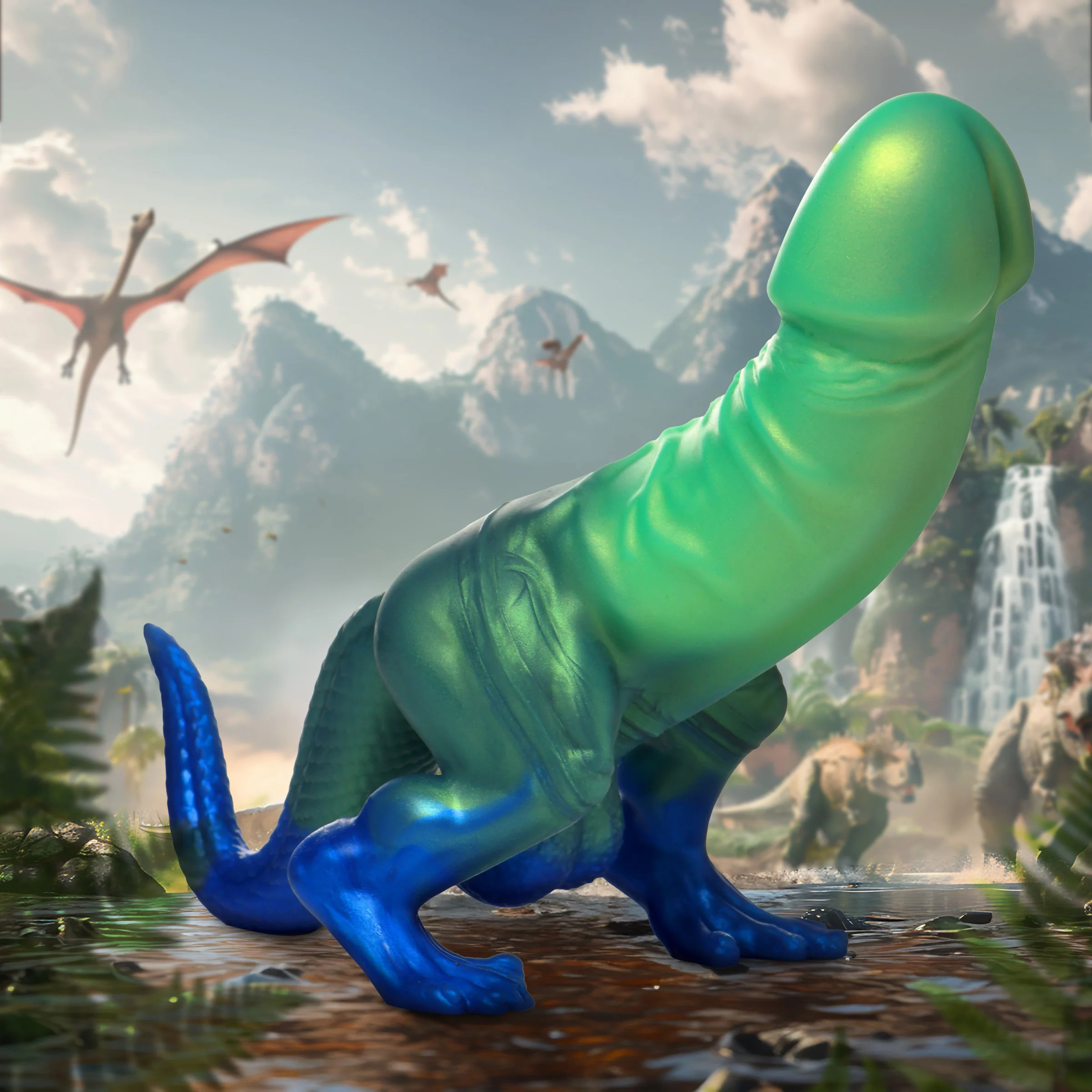 jurassic cock dinosaur silicone dildo green blue 