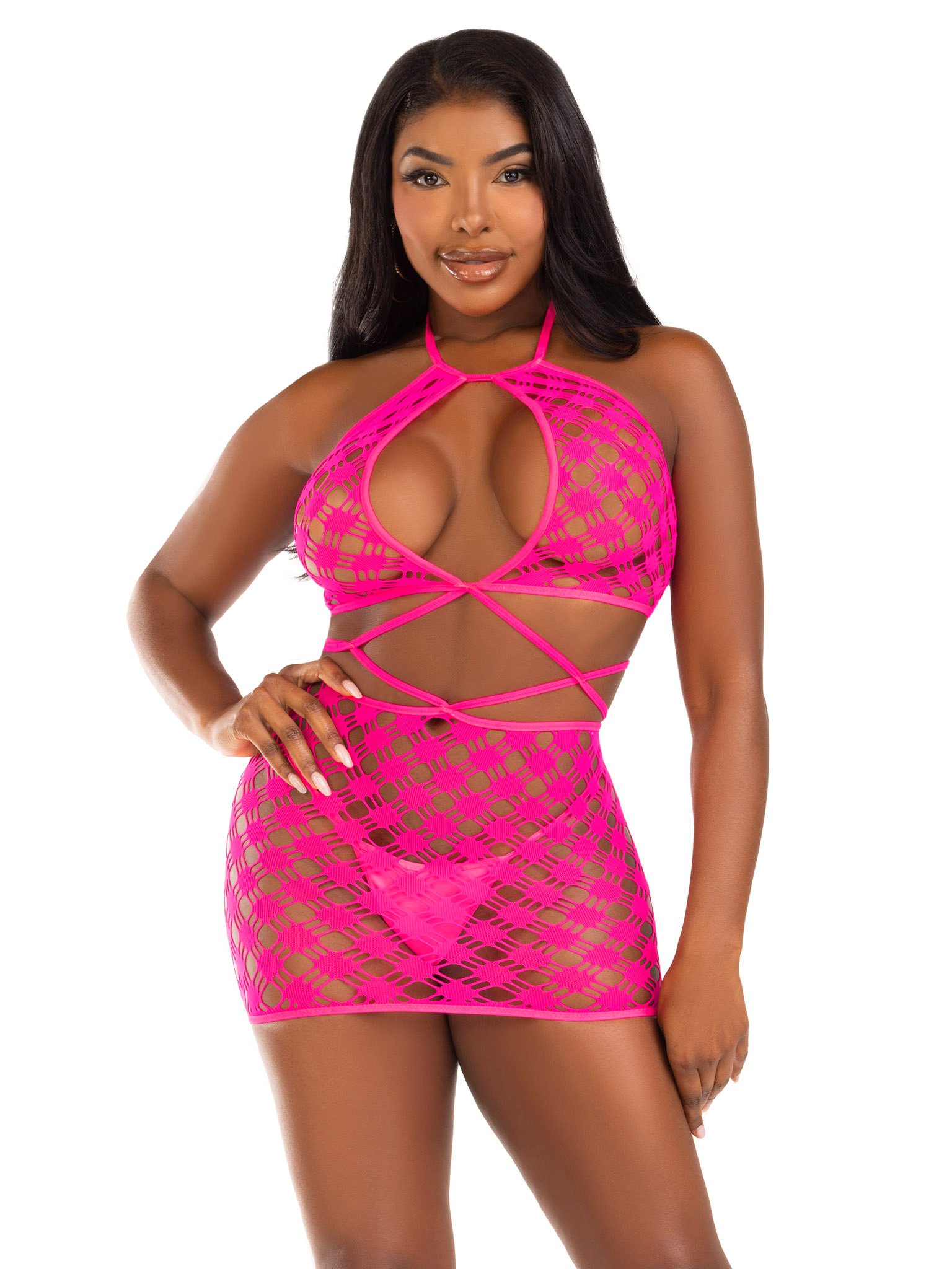 keyhole halter hardcore ney mini dress one size  neon pink 