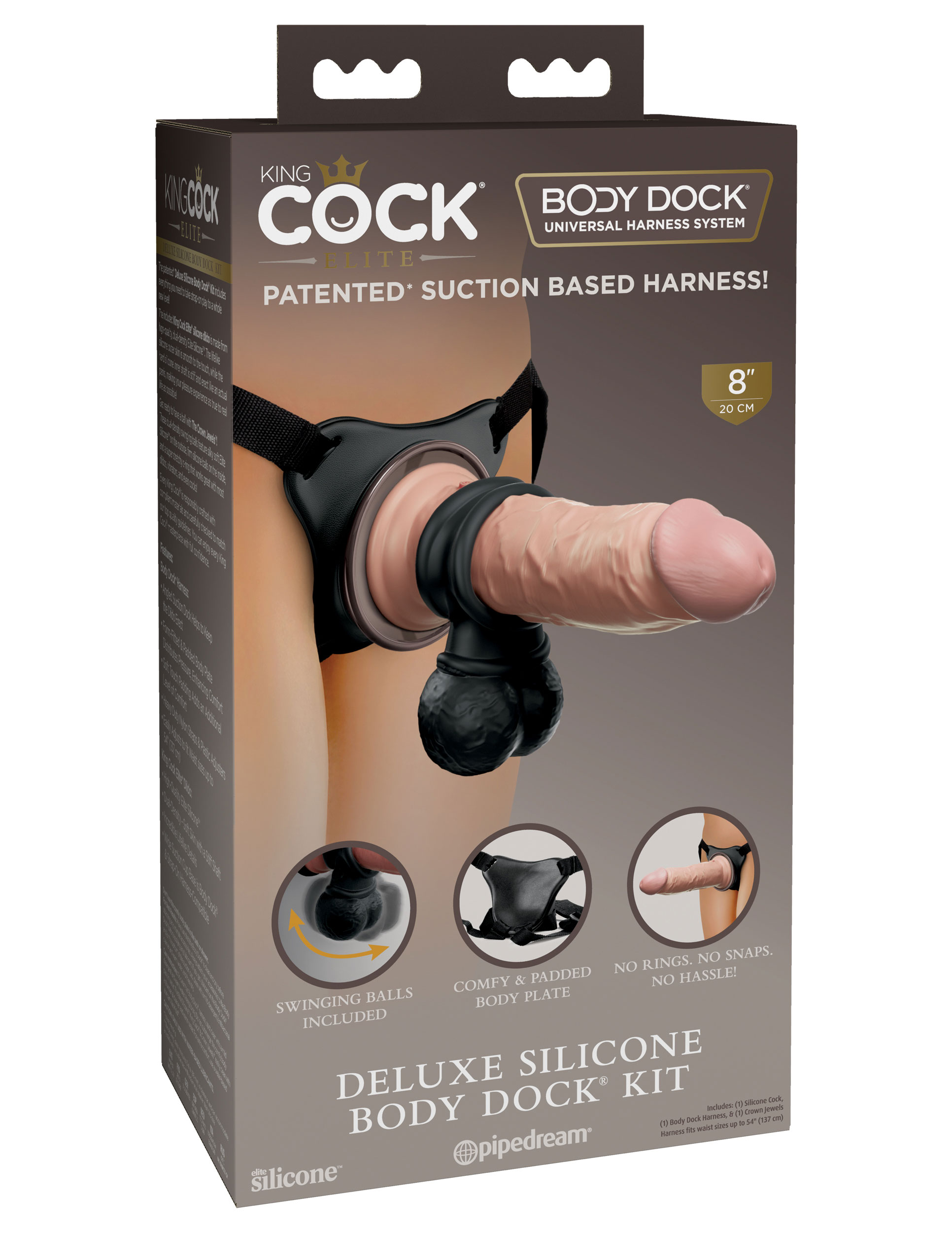 king cock elite deluxe silicone body dock  kit   harness and  inch dildo light 