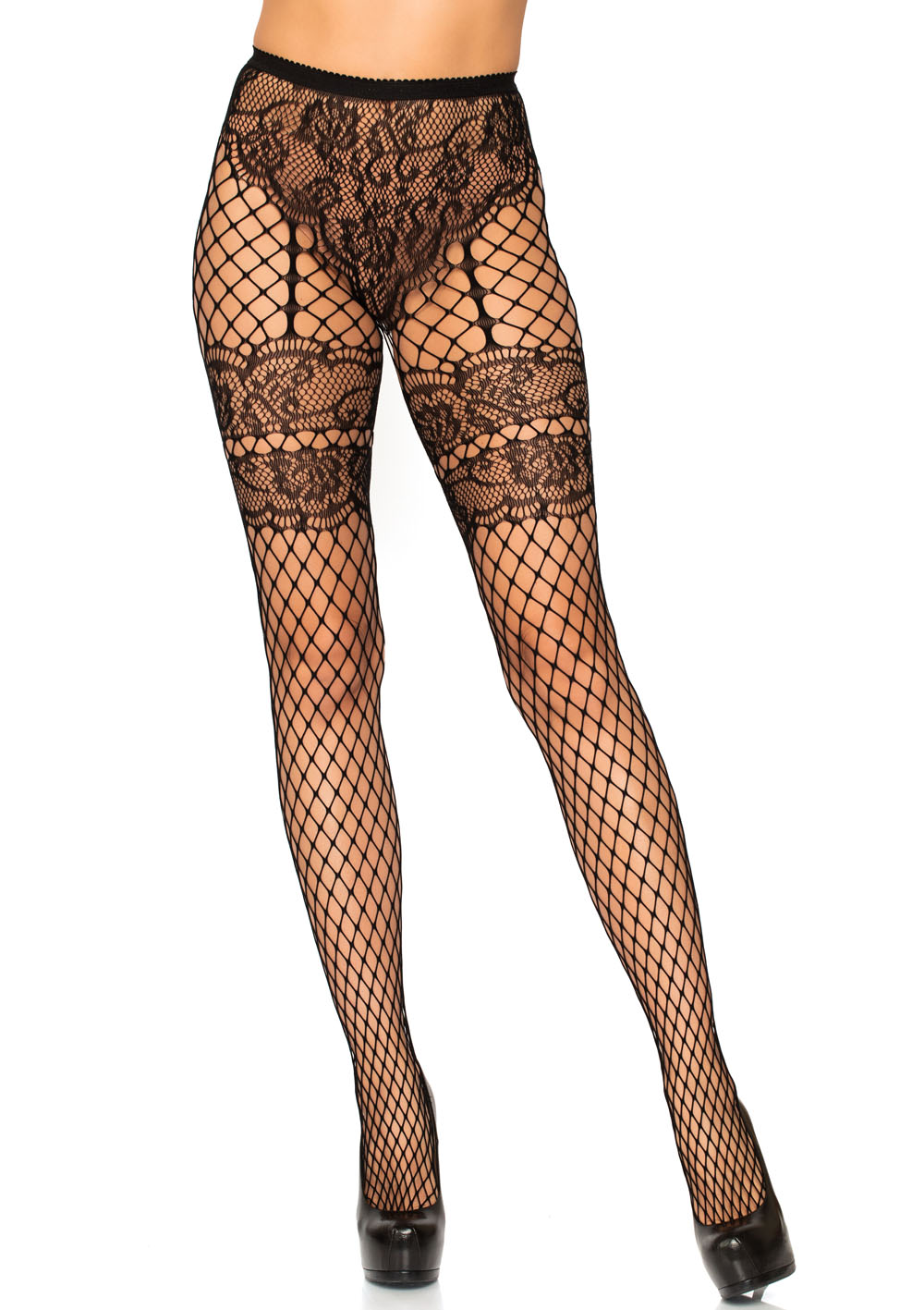 lace french cut faux garter net tights one size  black 