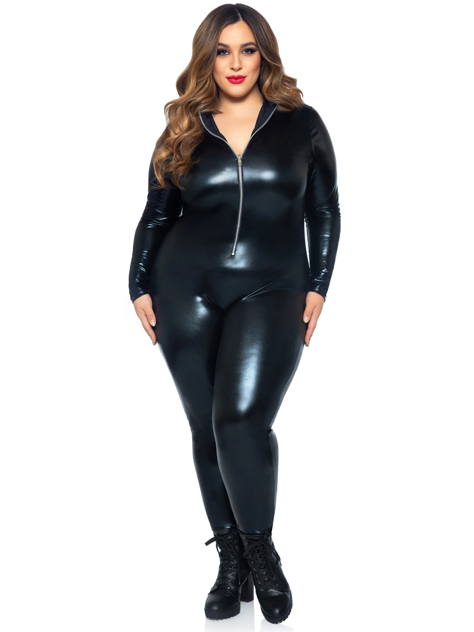 lame zipper front catsuit xx black 