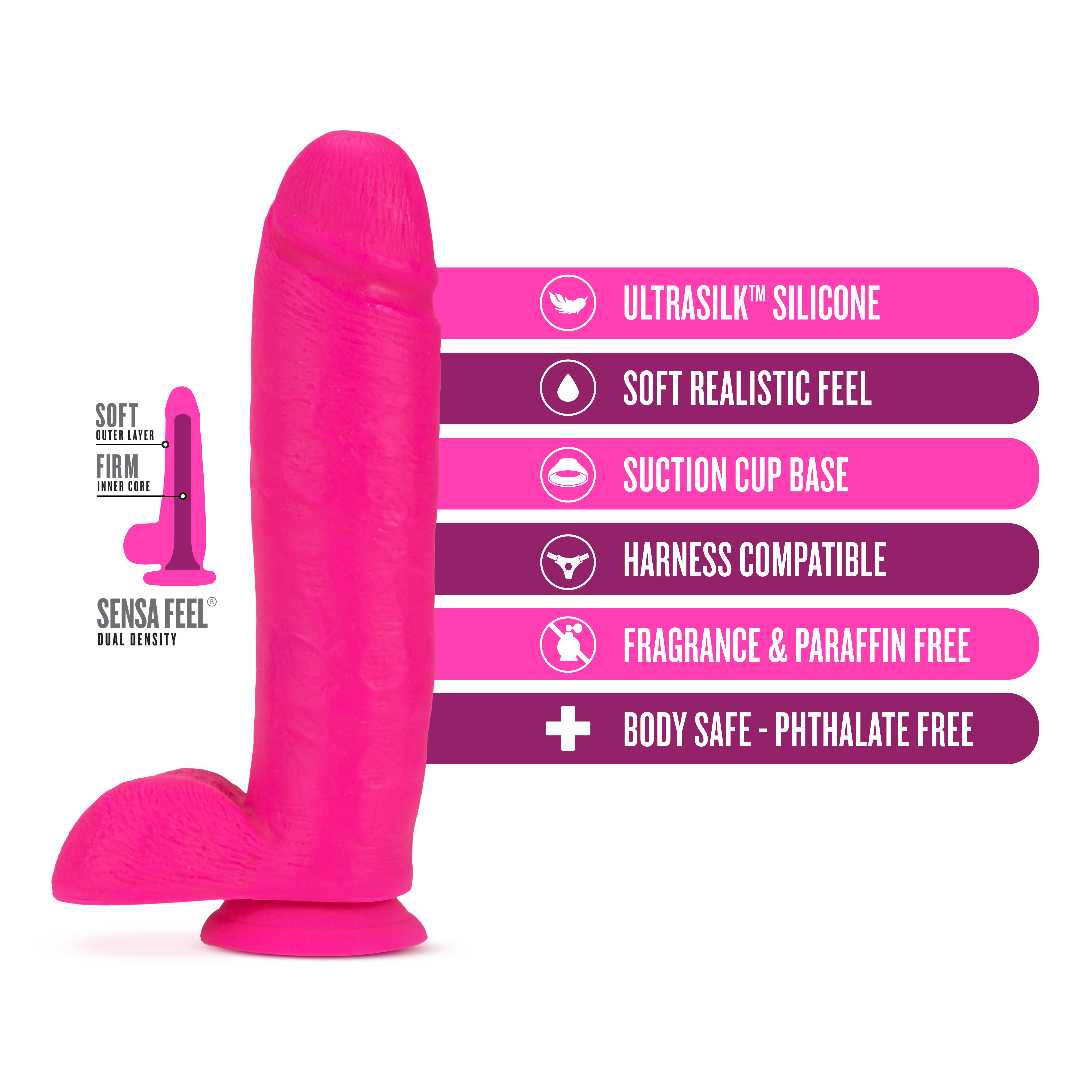 neo elite  inch silicone dual density cock  with balls neon pink 