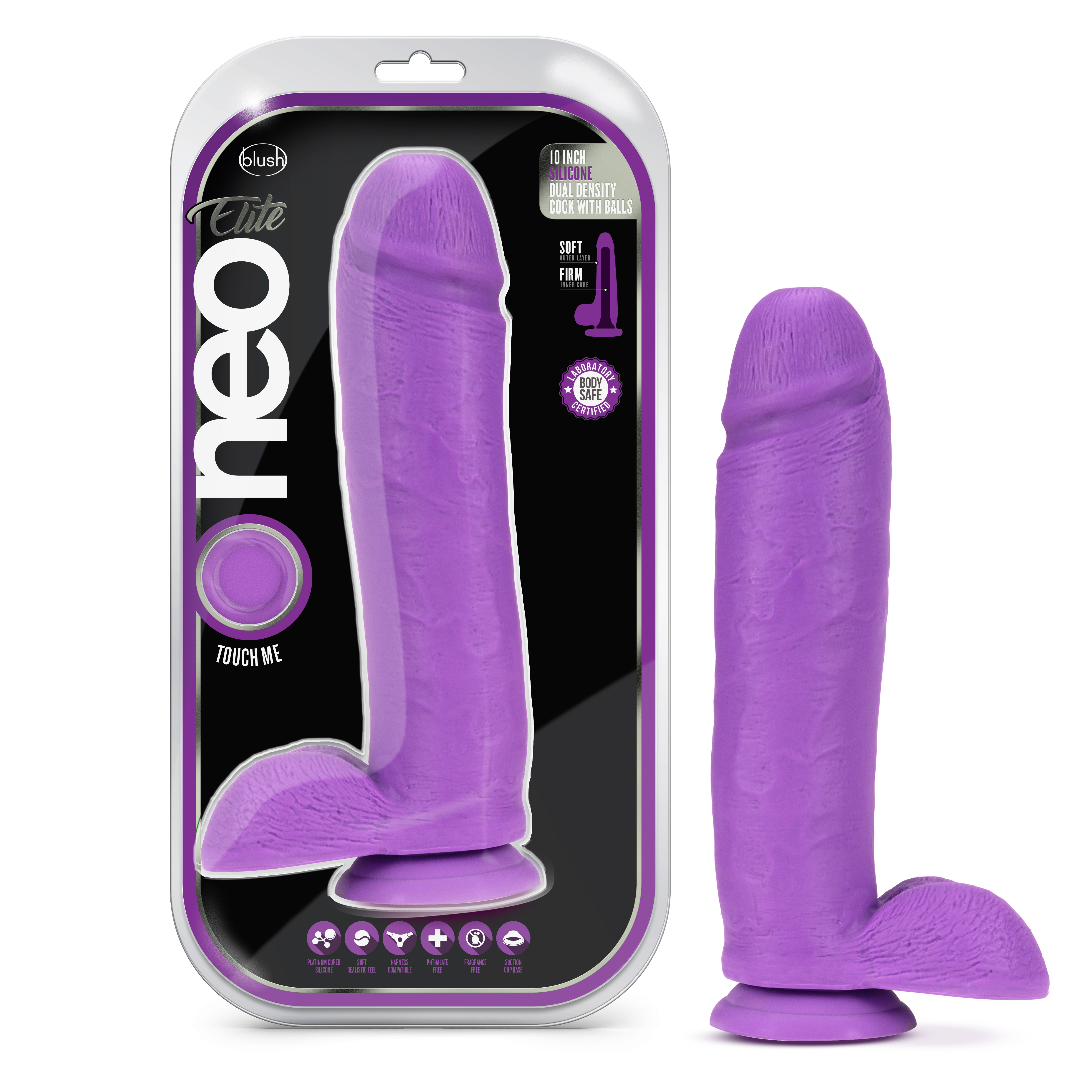 neo elite  inch silicone dual density cock  with balls neon purple 