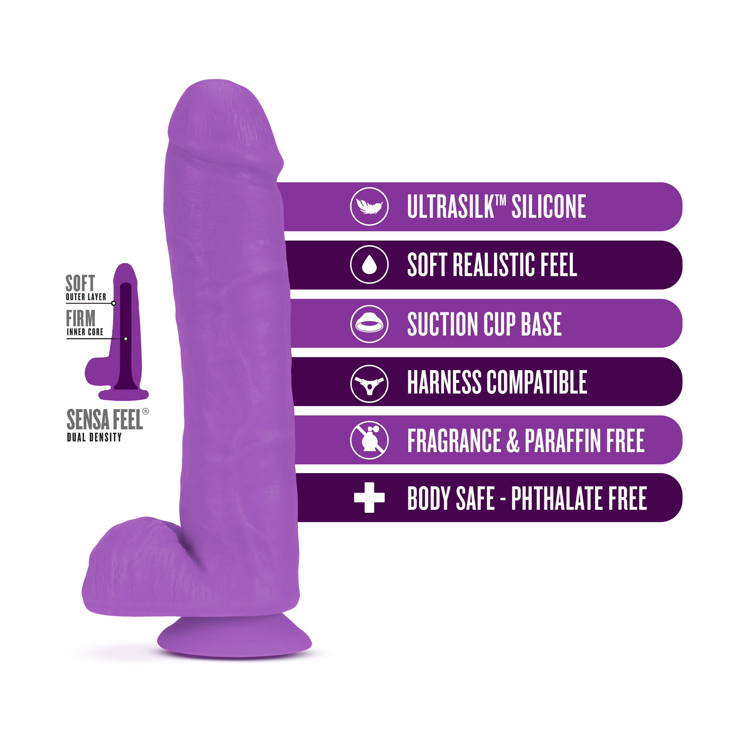 neo elite  inch silicone dual density cock with balls neon purple 