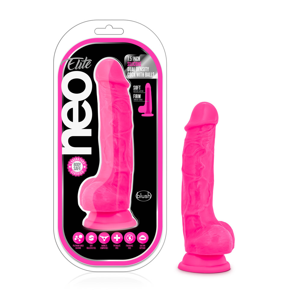 neo elite . inch silicone dual density cock  with balls neon pink 