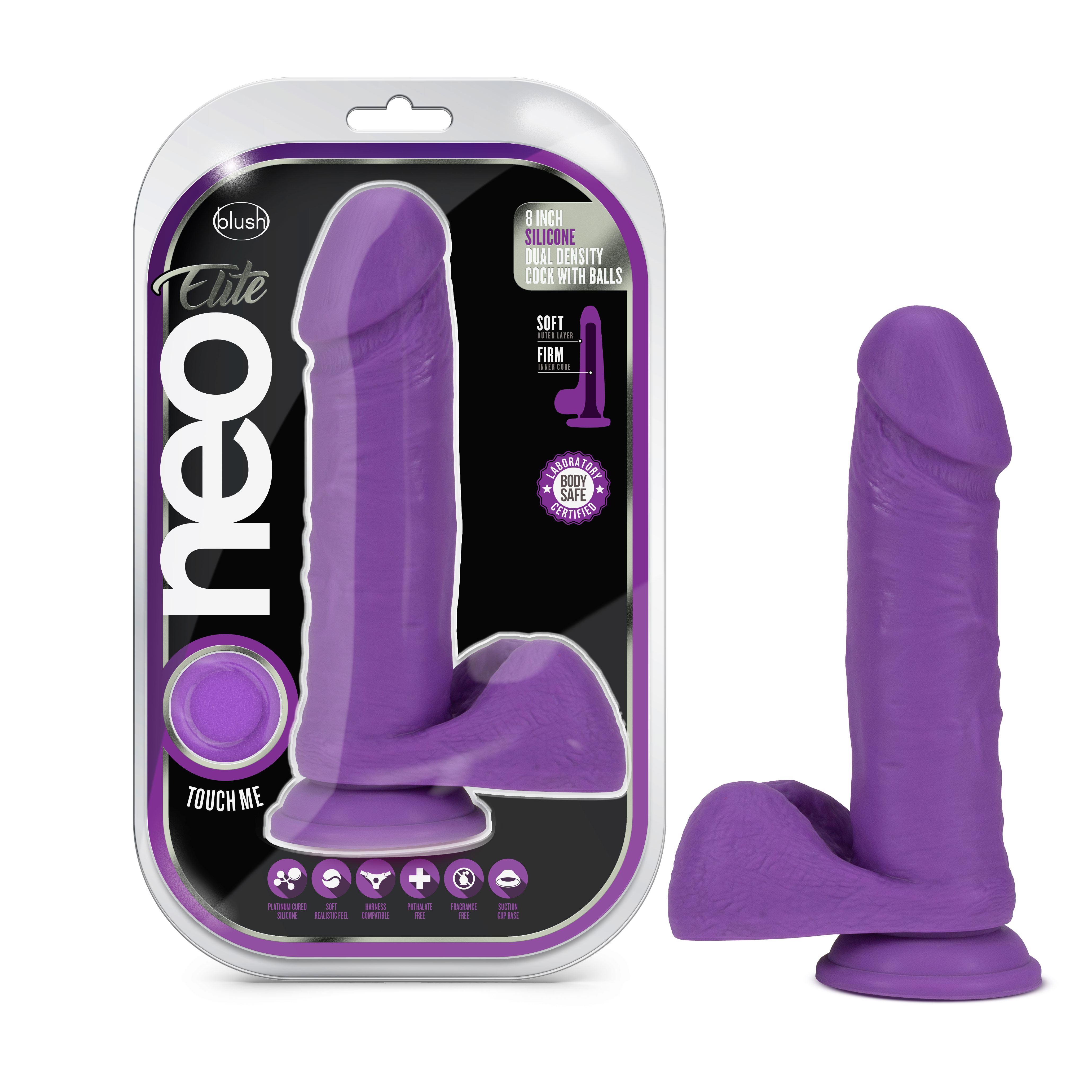 neo elite  inch silicone dual density cock  with balls neon purple 