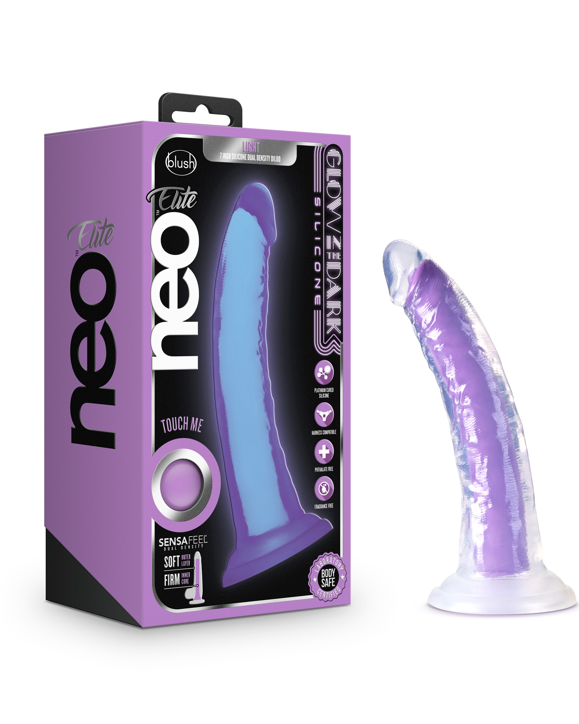 neo elite glow in the dark light  inch  silicone dual density dildo neon purple 