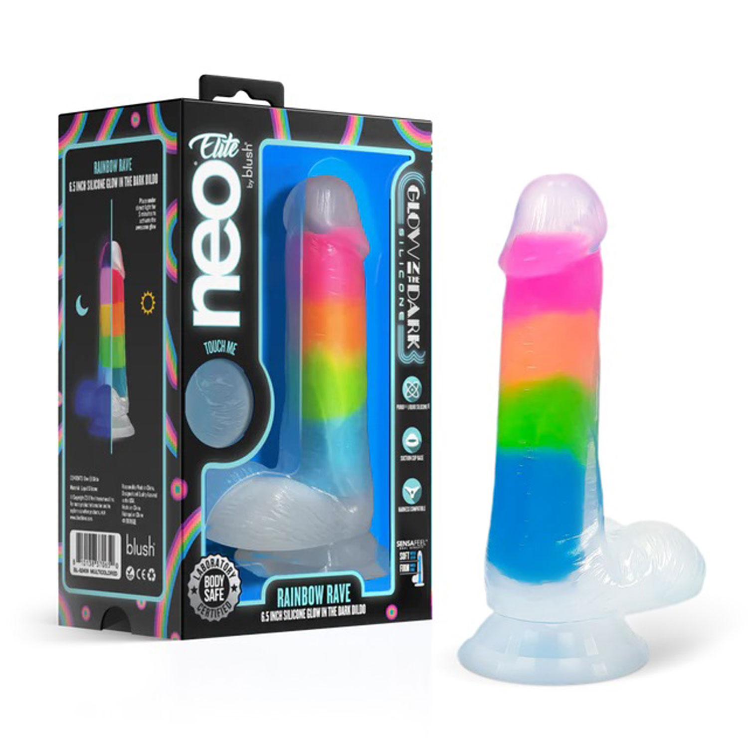 neo elite glow in the dark rainbow rave  silicone dual density dildo multicolored 